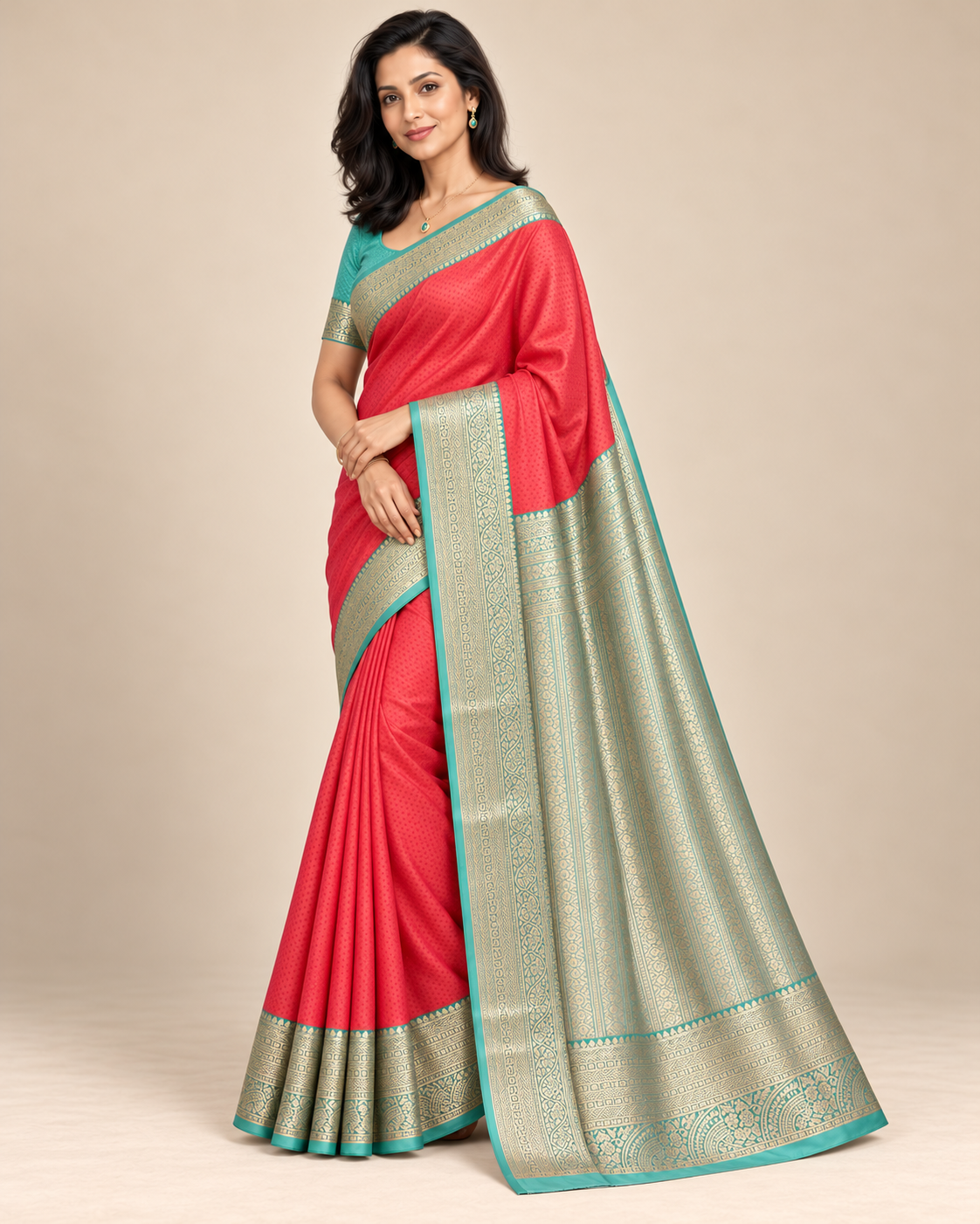 Three-quarter view of coral silk saree and turquoise pallu
