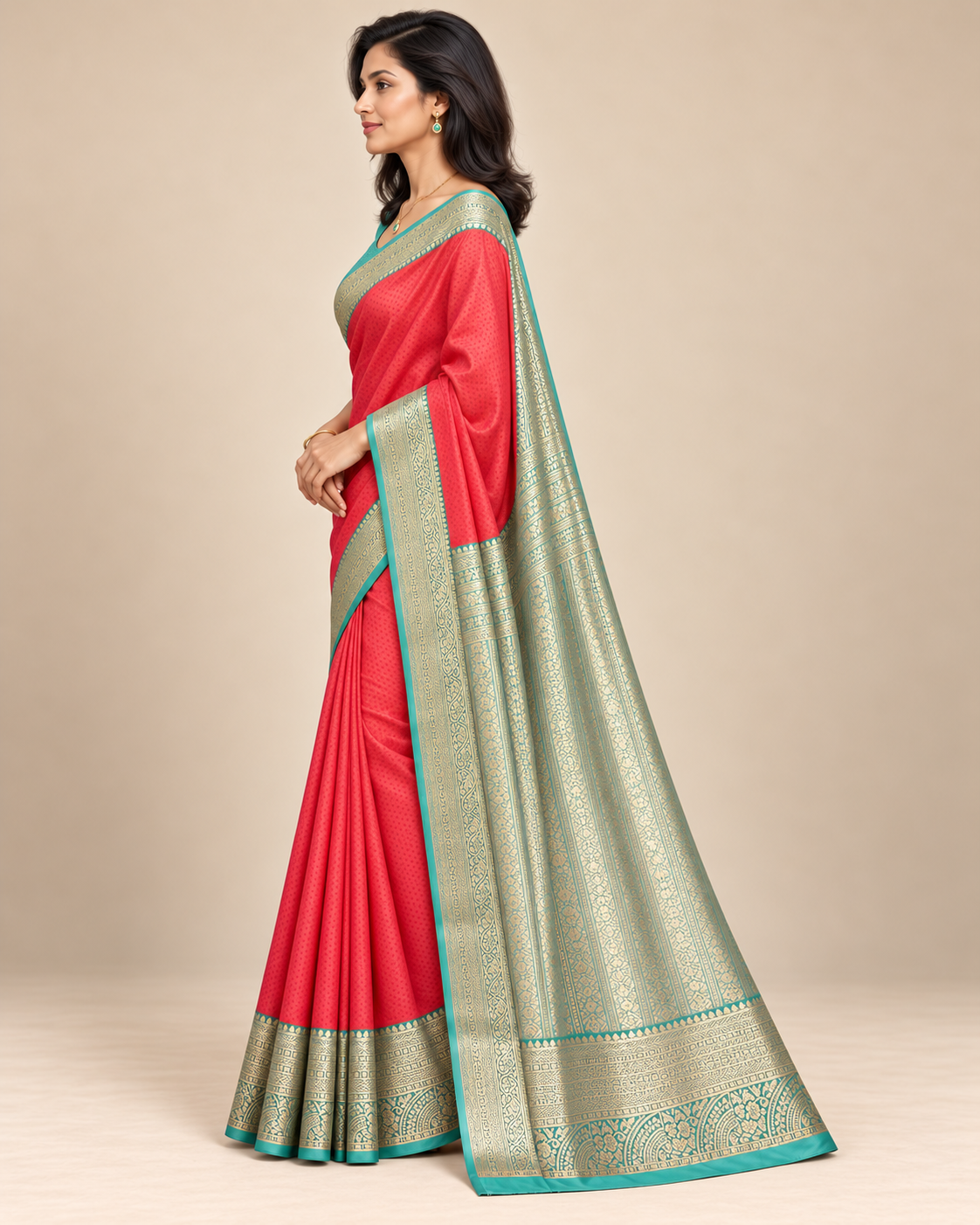 Side view of coral silk saree with fine dotted pattern