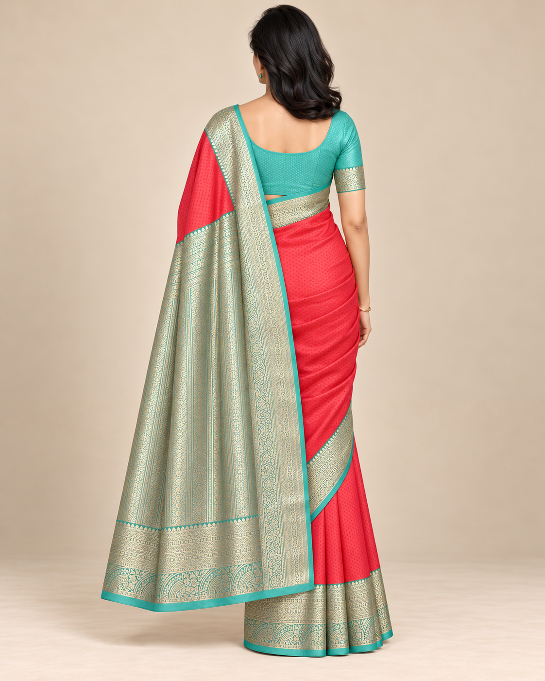 Back view showing turquoise and gold striped pallu