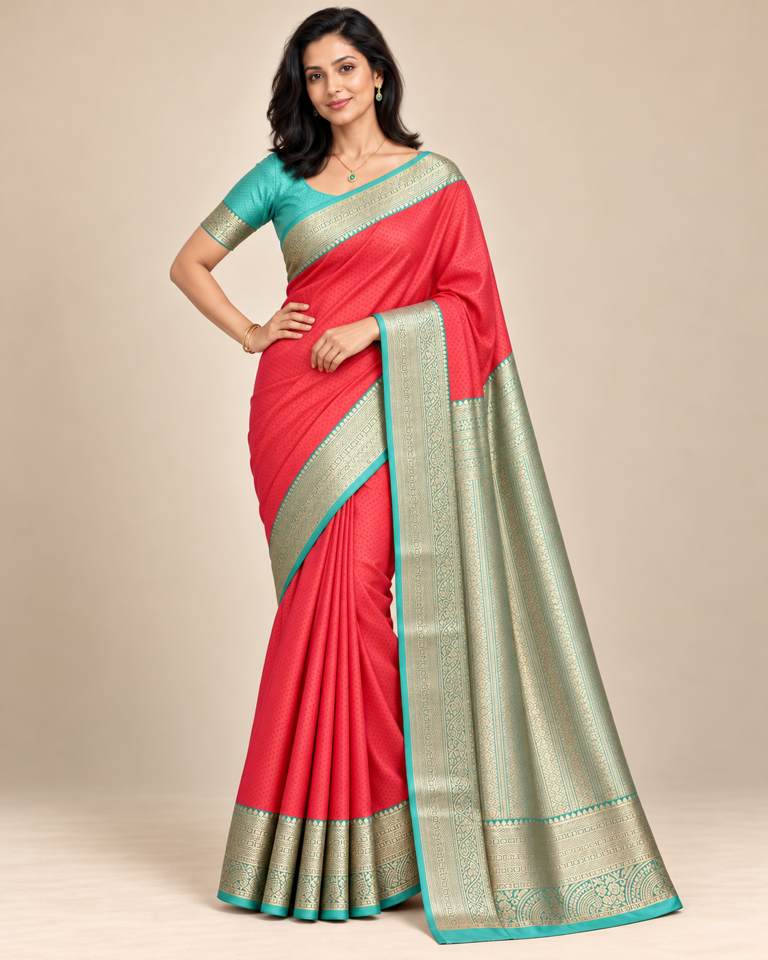Alternate model pose showing coral silk saree drape