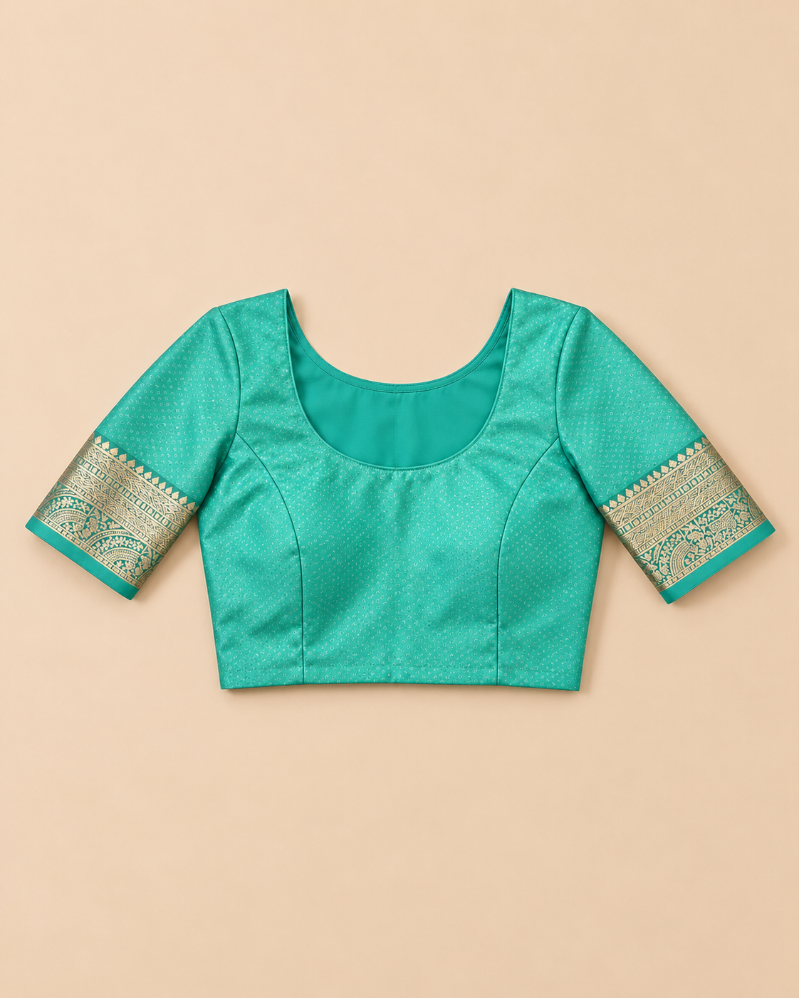 Turquoise stitched styling blouse with gold-toned sleeve borders