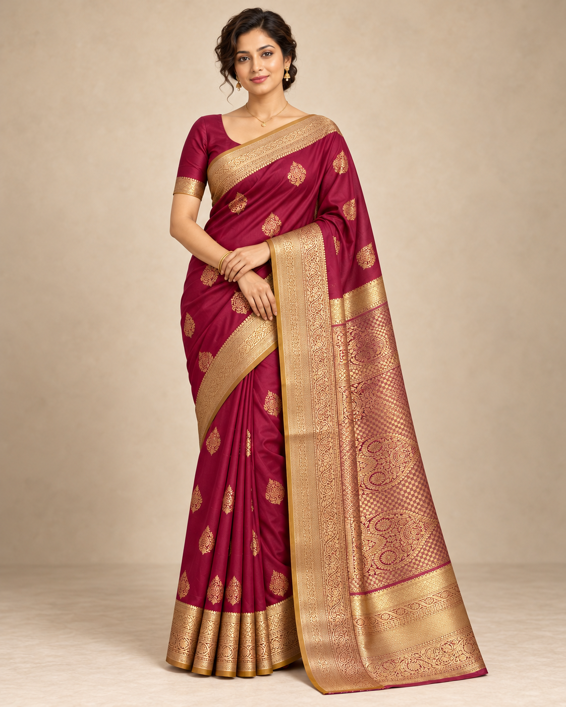 Front view of wine-magenta silk saree with gold peacock motifs