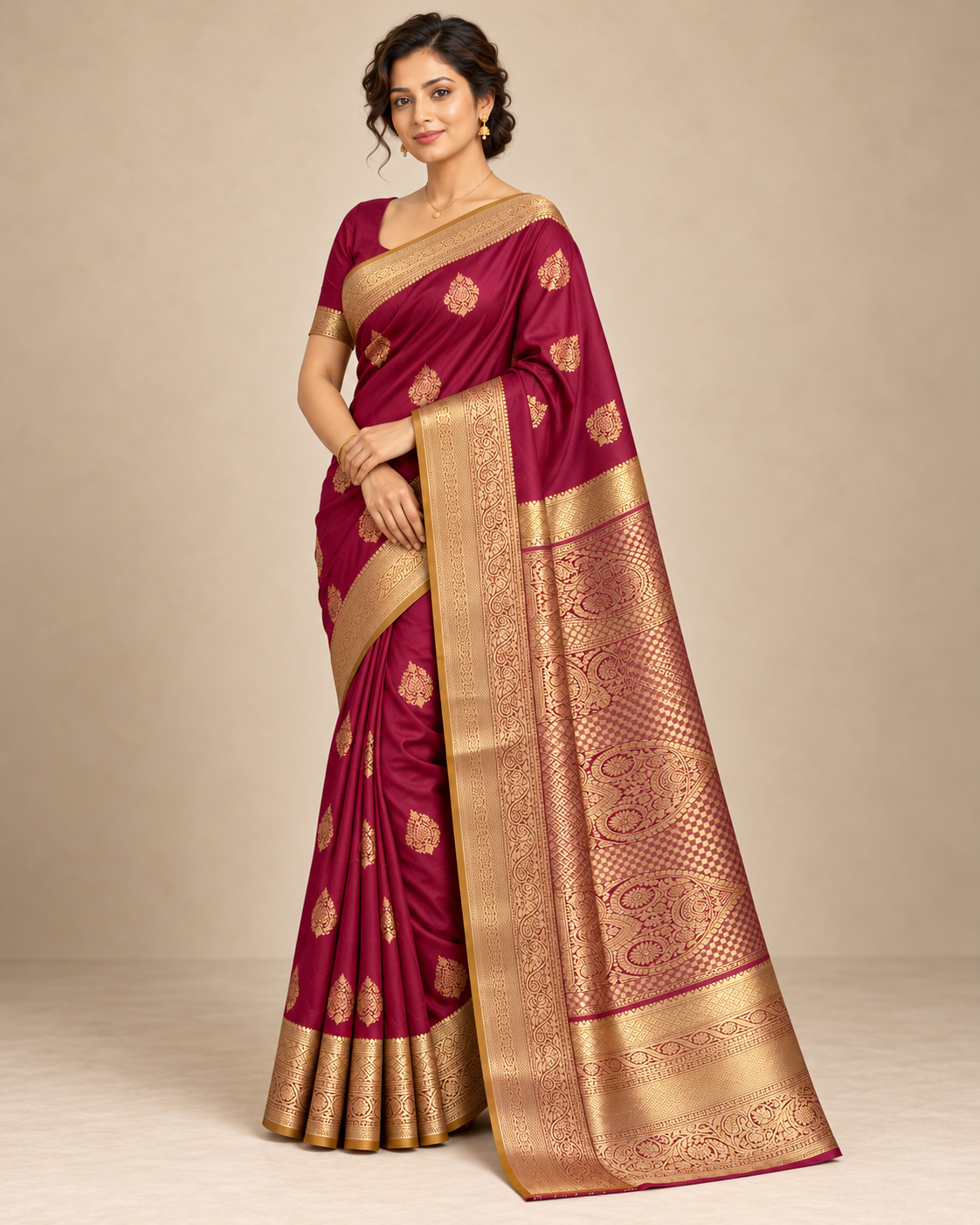 Three-quarter view of wine-magenta silk saree