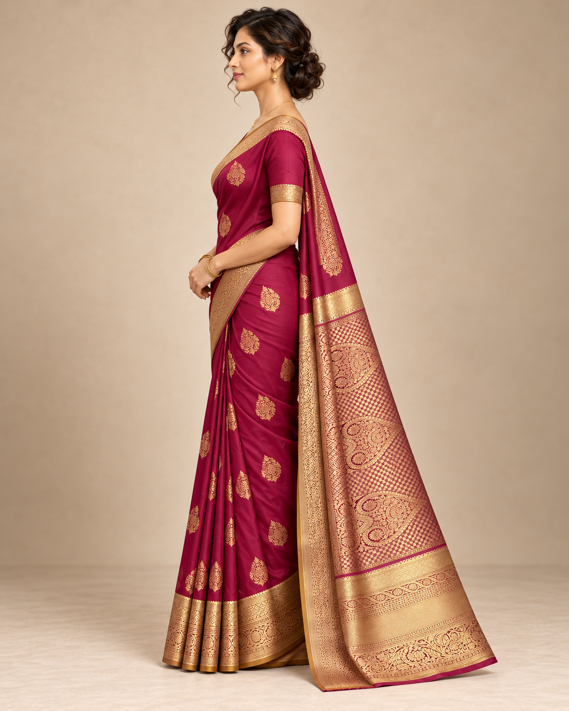 Side view of wine-magenta silk saree and gold pallu