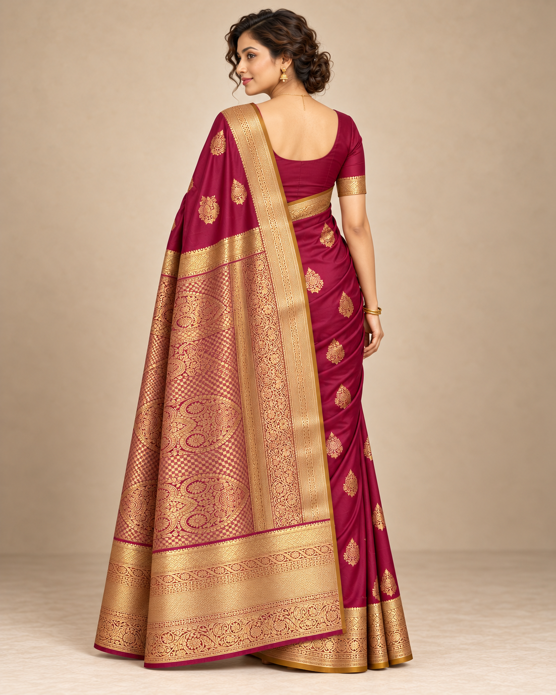 Back view of wine-magenta silk saree showing the pallu