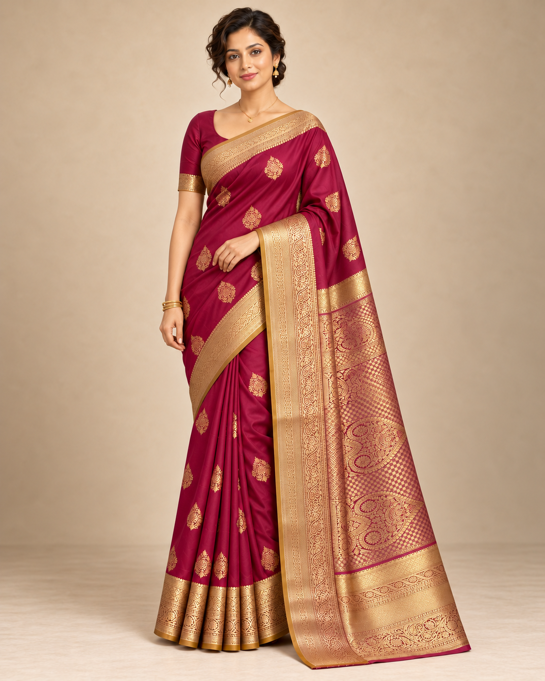 Wine-magenta silk saree in an alternate studio pose