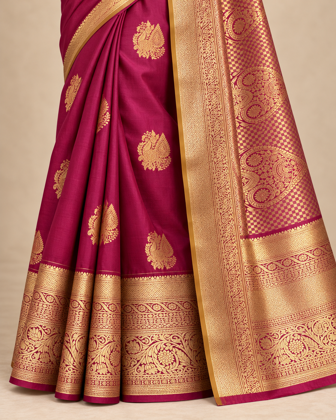 Close-up of gold motif and woven floral border