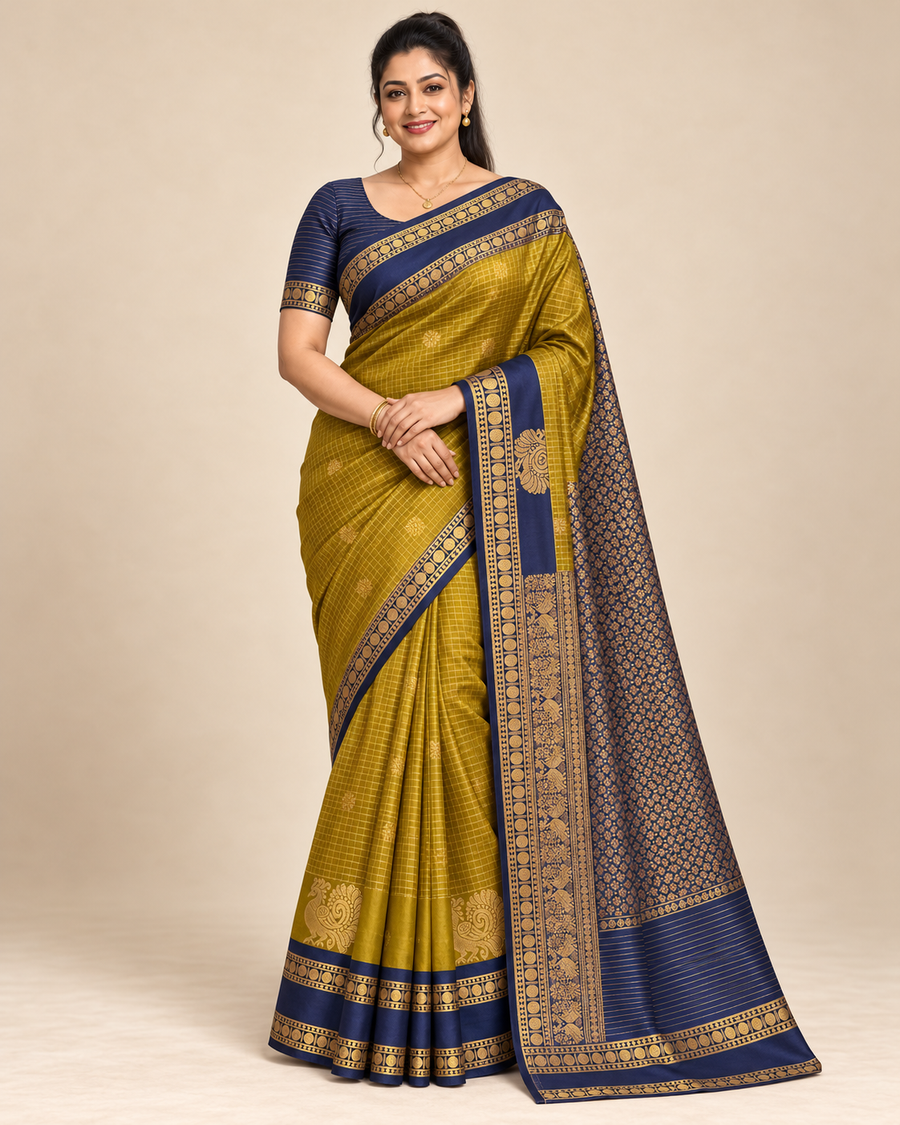 Front view of mustard silk saree with navy and gold border