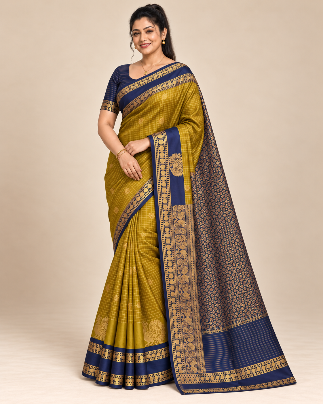 Three-quarter view of mustard and navy silk saree