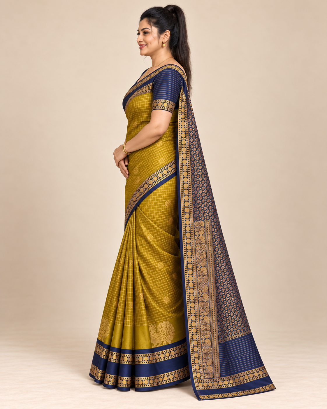 Side view of mustard checked silk saree