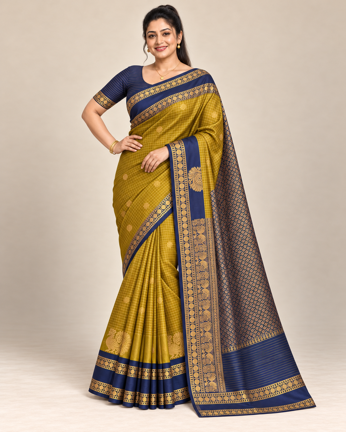 Mustard and navy silk saree in an alternate pose