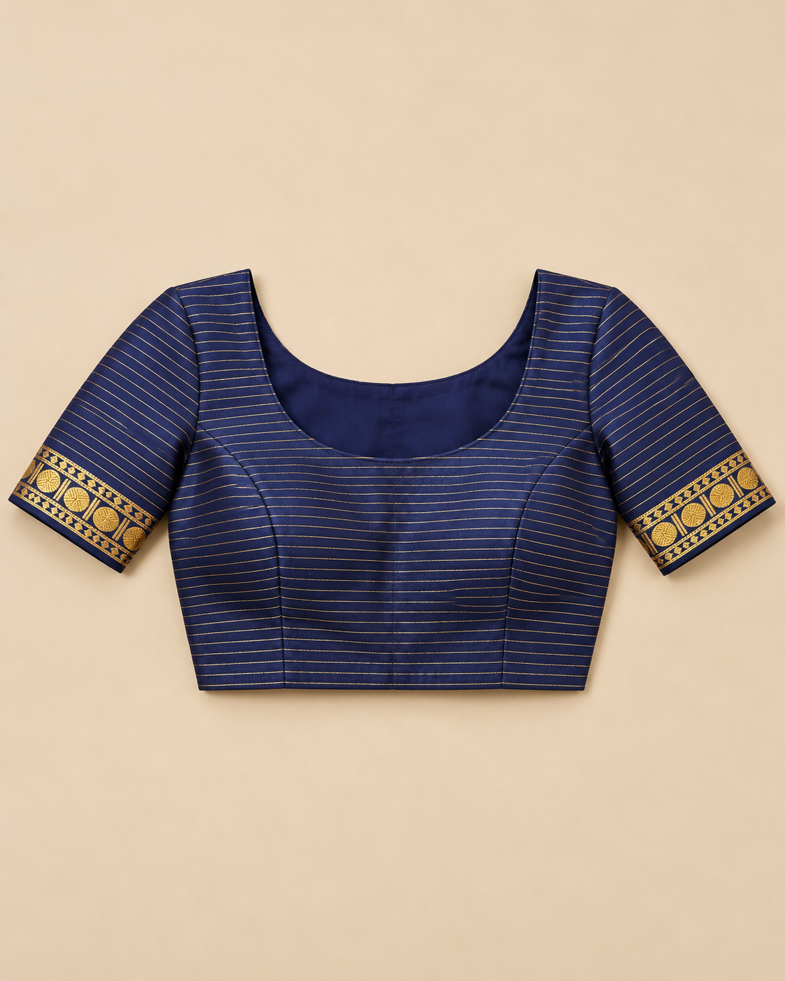 Navy pinstripe stitched example blouse; unstitched fabric supplied
