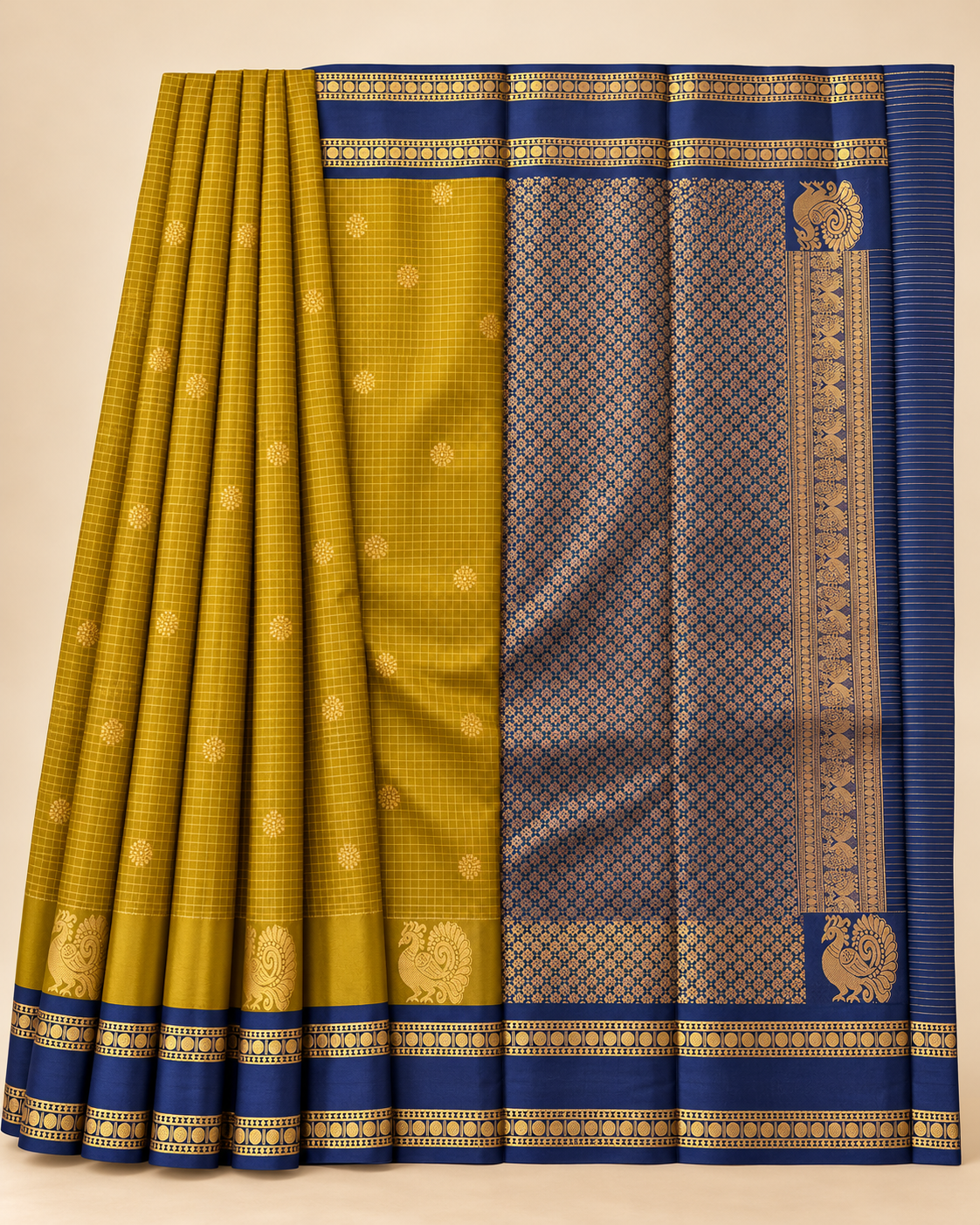 Navy pallu with gold floral pattern and coin border
