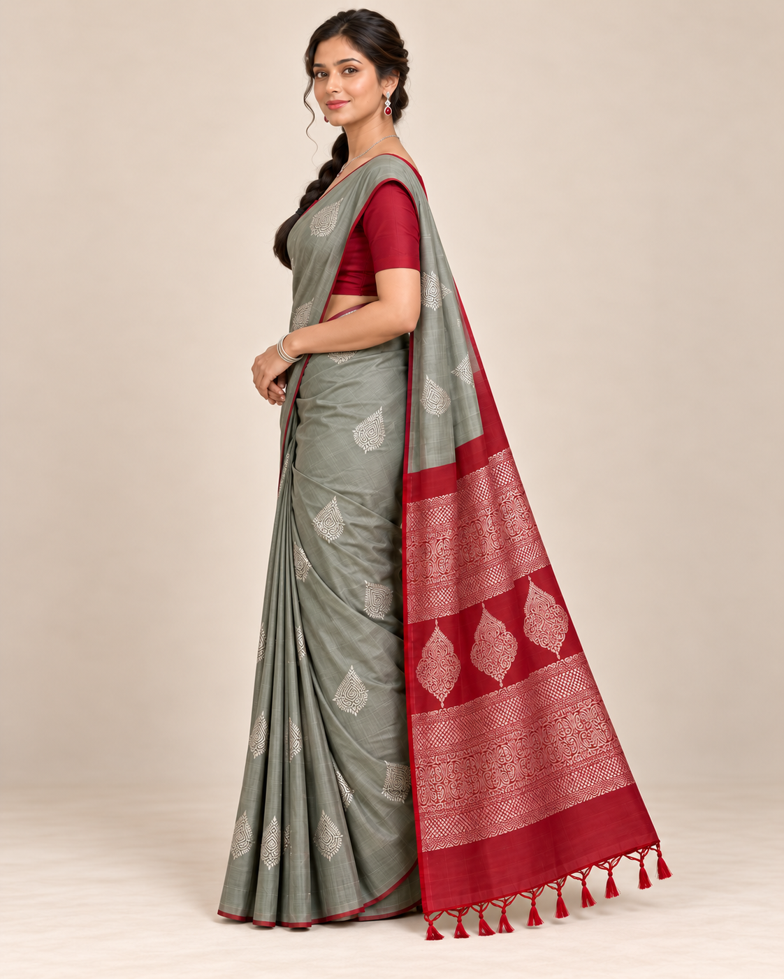 Side view of sage grey silk saree with silver motifs