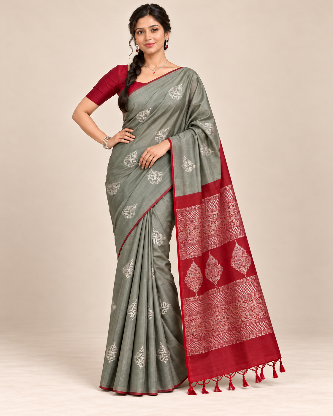 Grey and red silk saree in an alternate pose