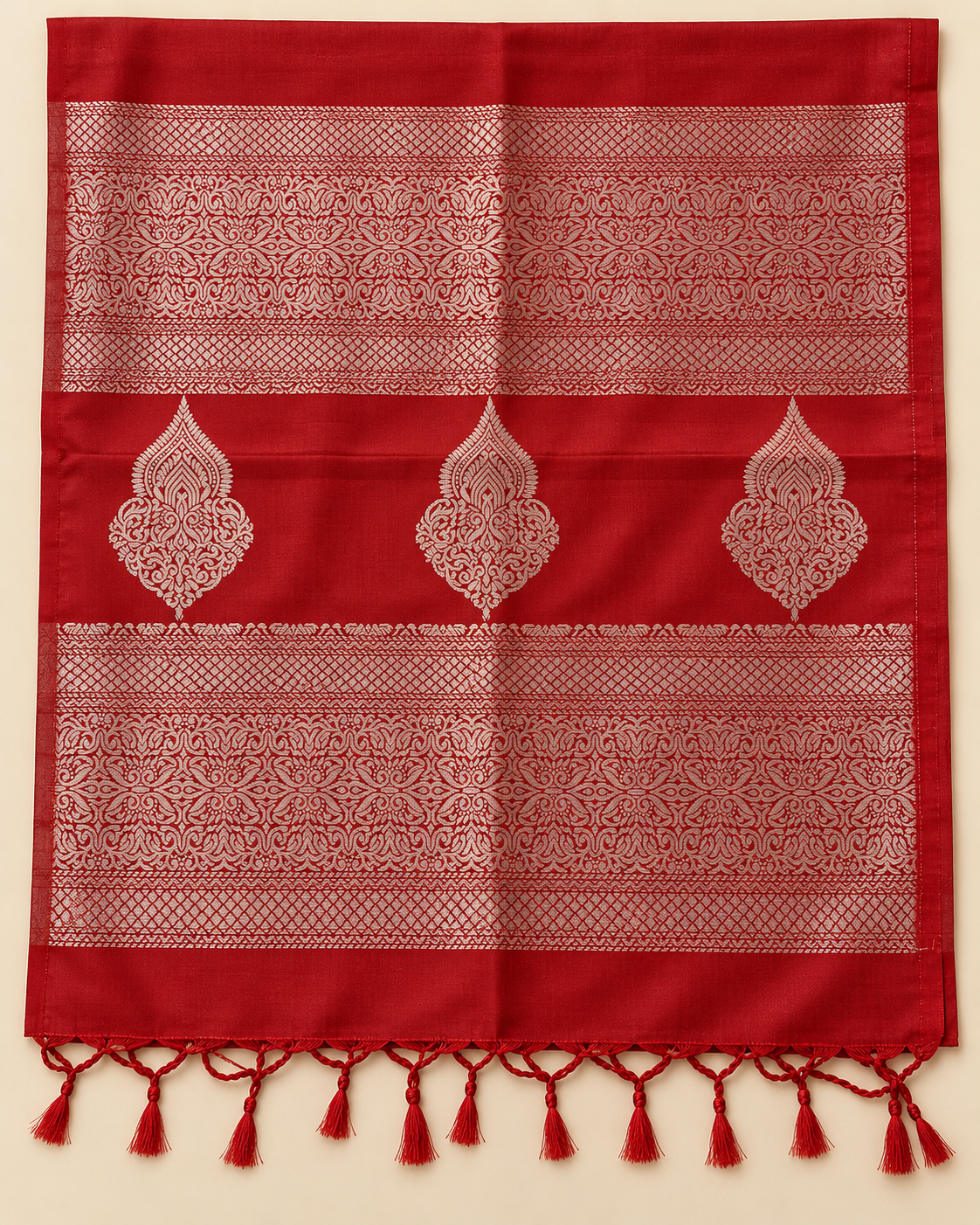Red pallu with silver woven panels and tassels