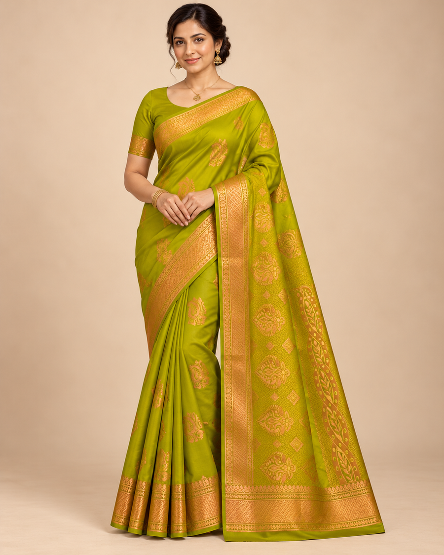 Chartreuse silk saree with gold paisley motifs — front view