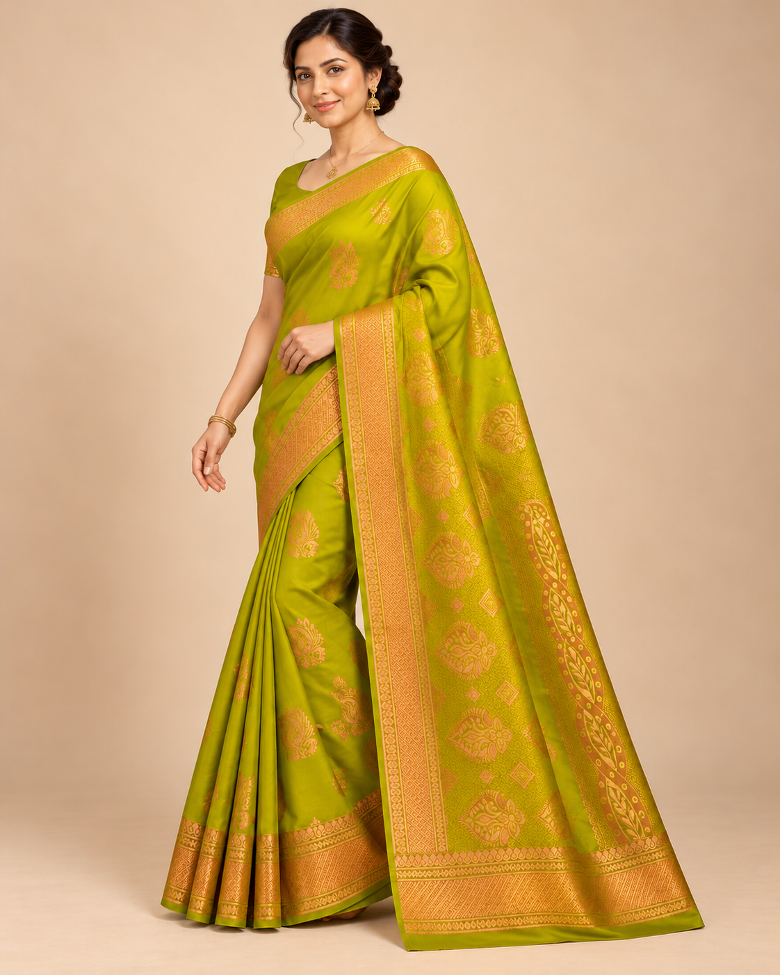 Chartreuse silk saree with gold paisley motifs — three-quarter view