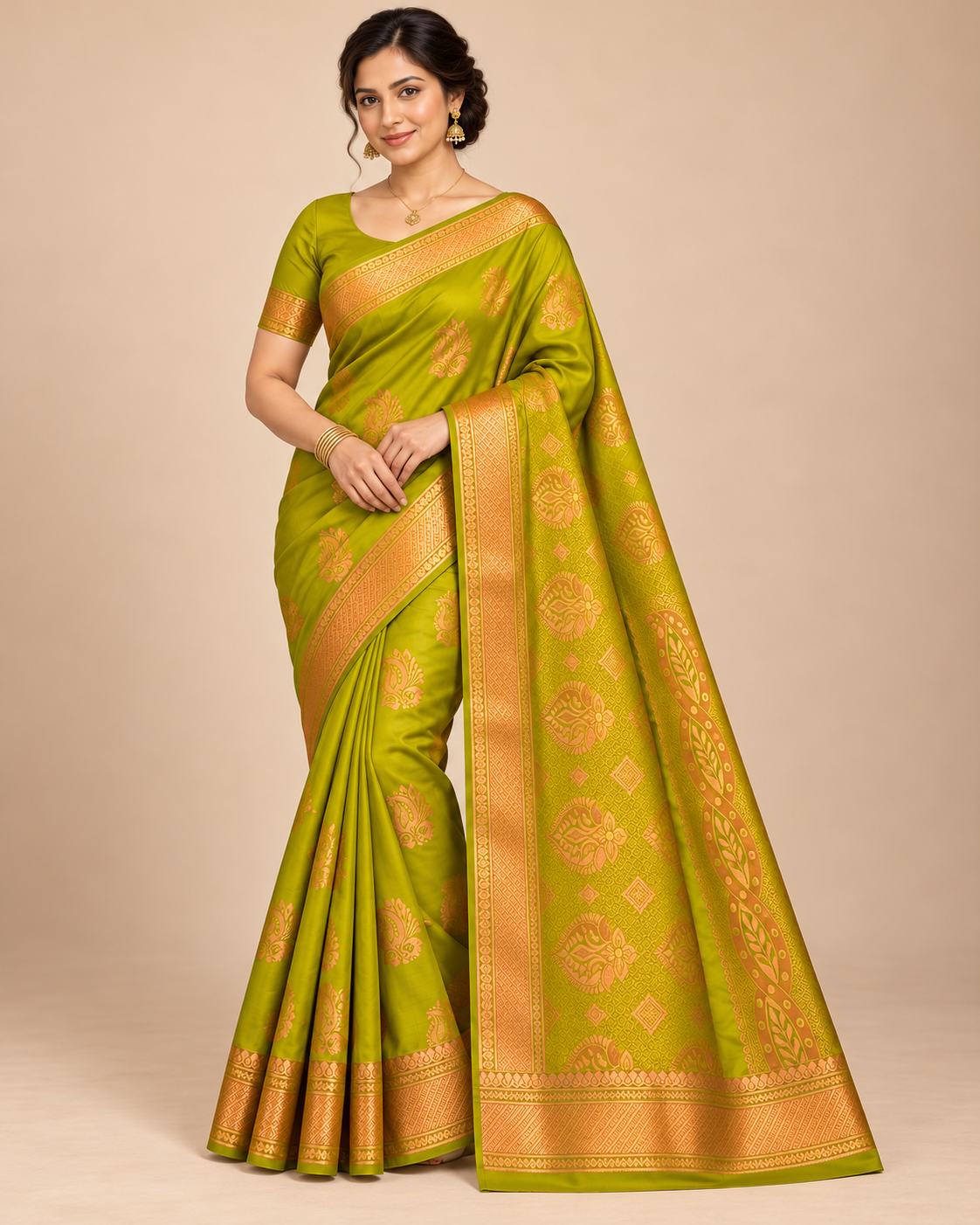 Chartreuse silk saree with gold paisley motifs — alternate drape