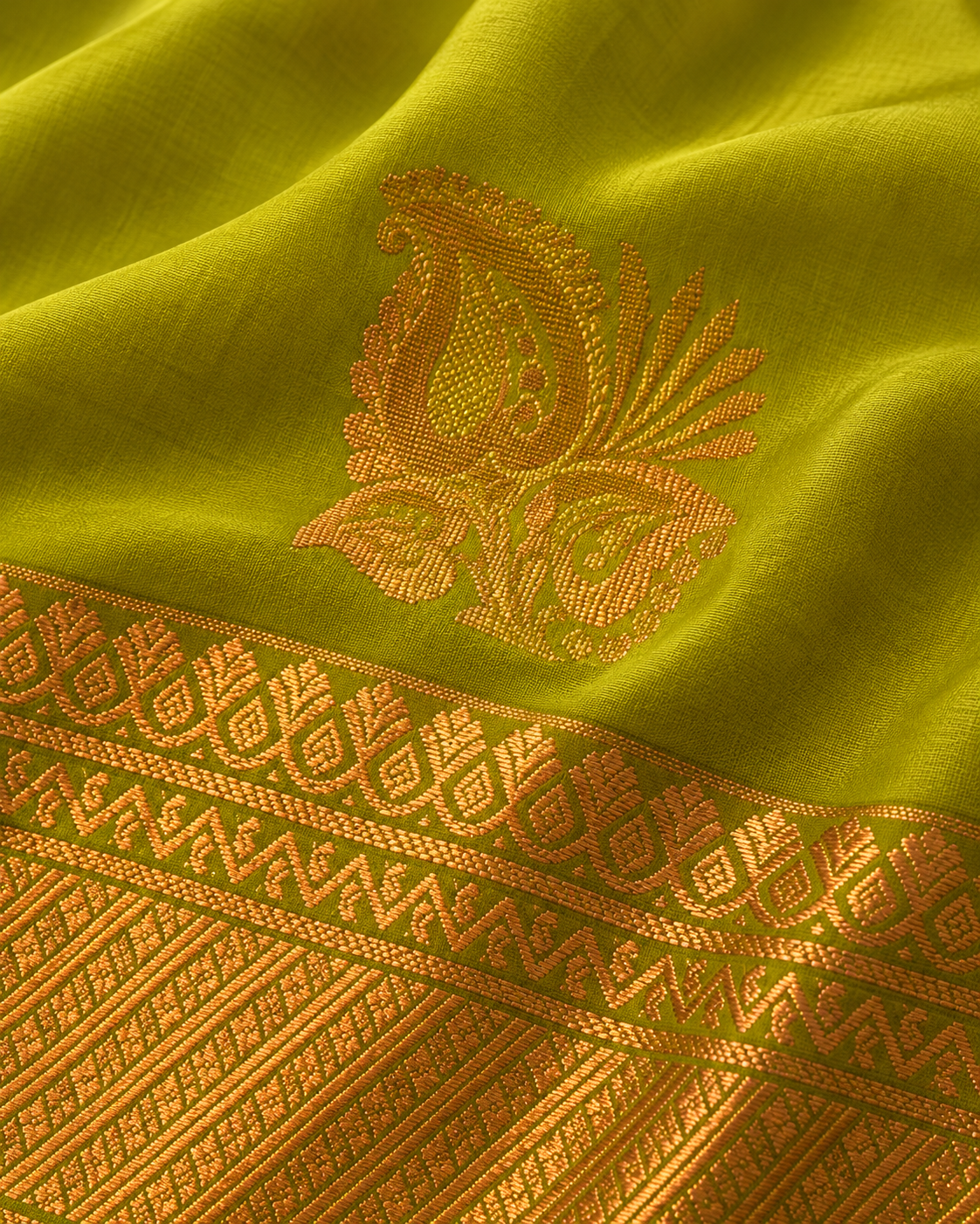 Chartreuse silk saree with gold paisley motifs — motif and border detail