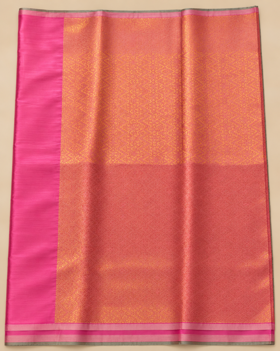 Pink and gold pallu — charcoal grey borderless silk saree