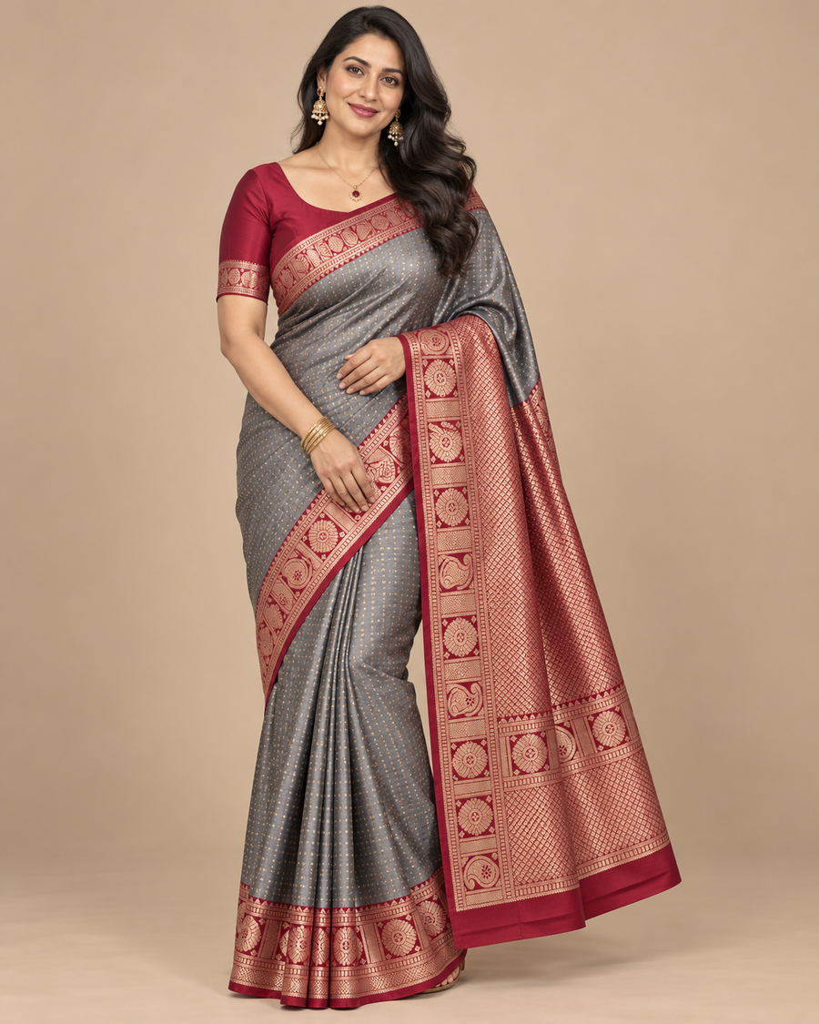 Front view — slate grey silk saree