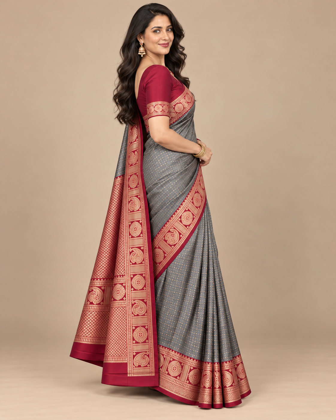 Three-quarter view — slate grey silk saree