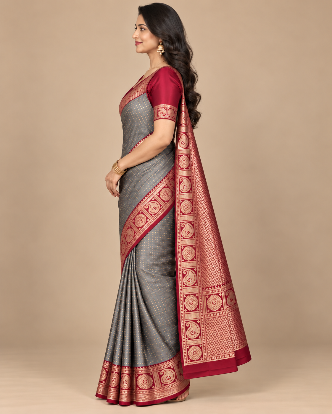 Side view — slate grey silk saree