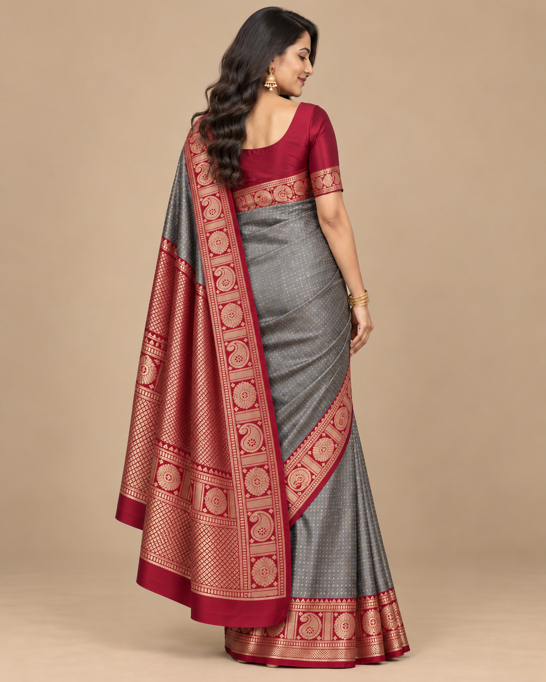 Back view — slate grey silk saree