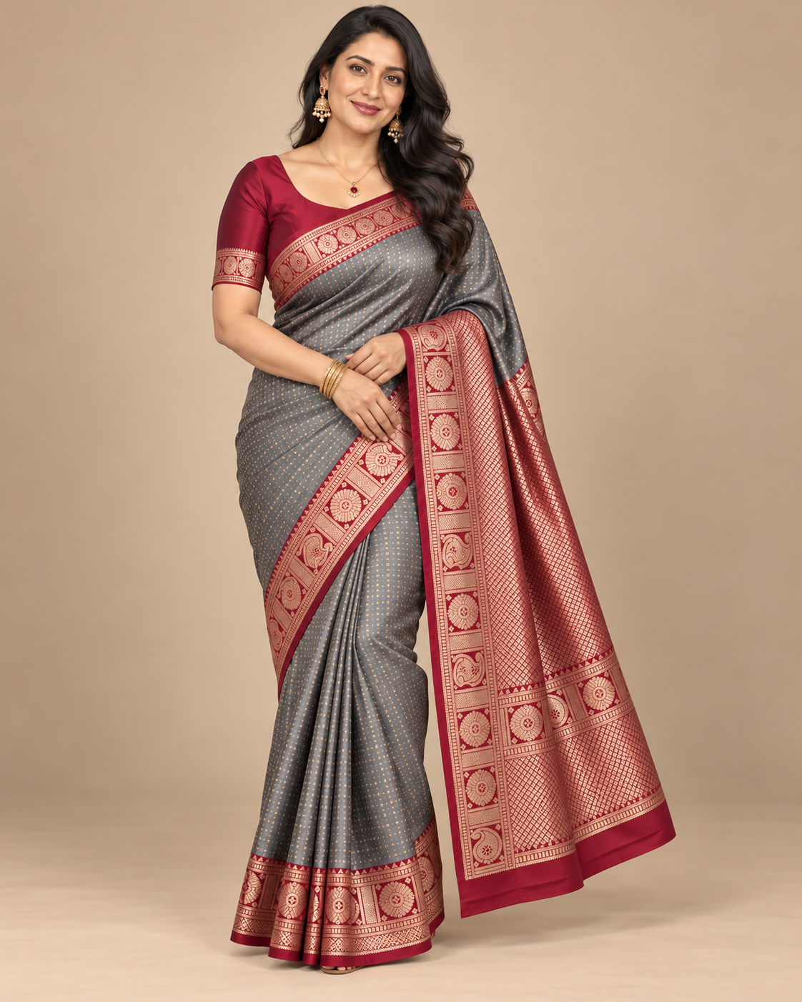 Alternate pose — slate grey silk saree