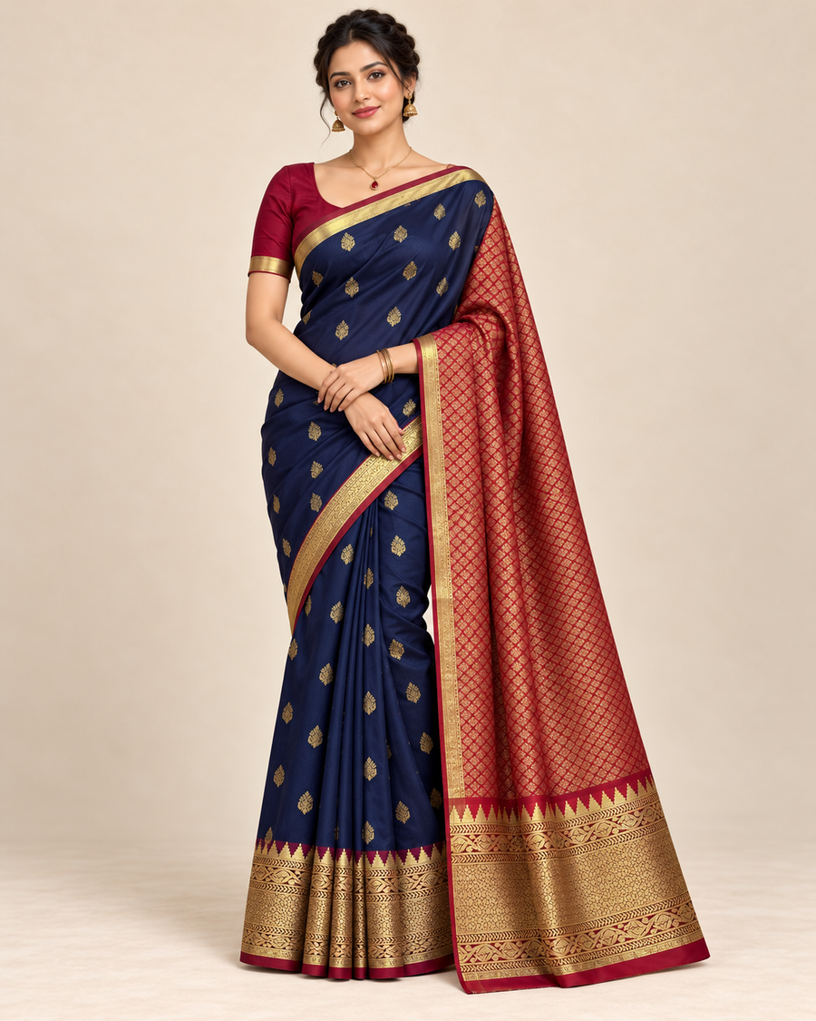 Front view — navy blue silk saree