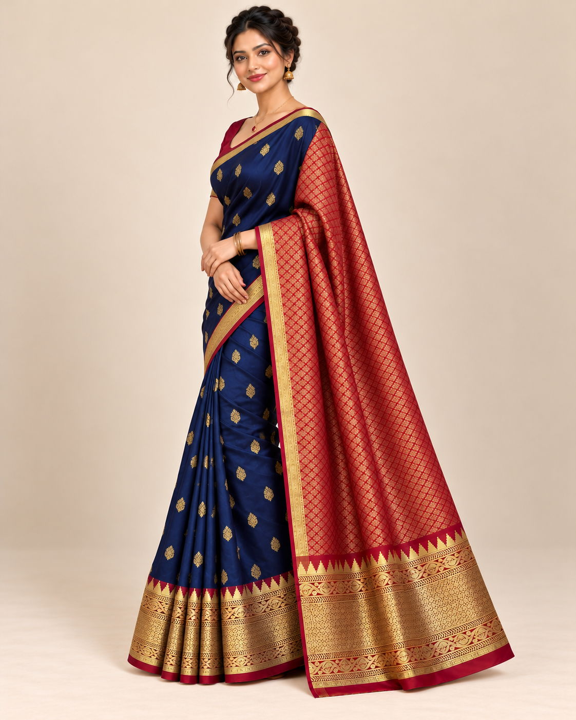 Three-quarter view — navy blue silk saree