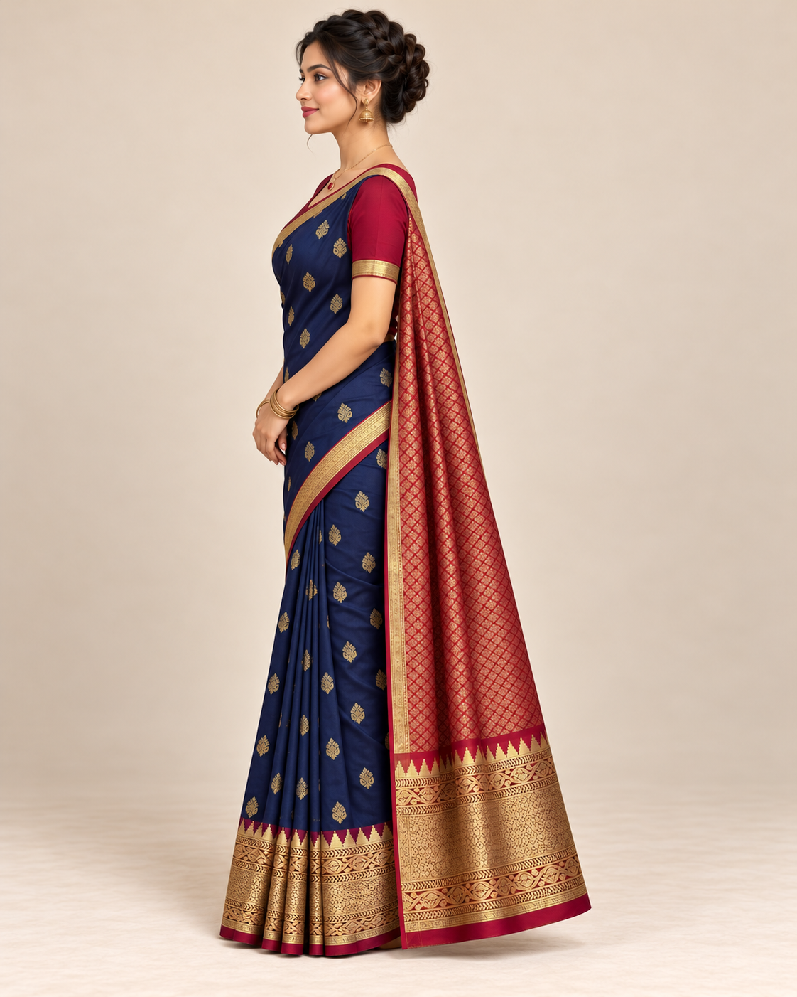 Side view — navy blue silk saree