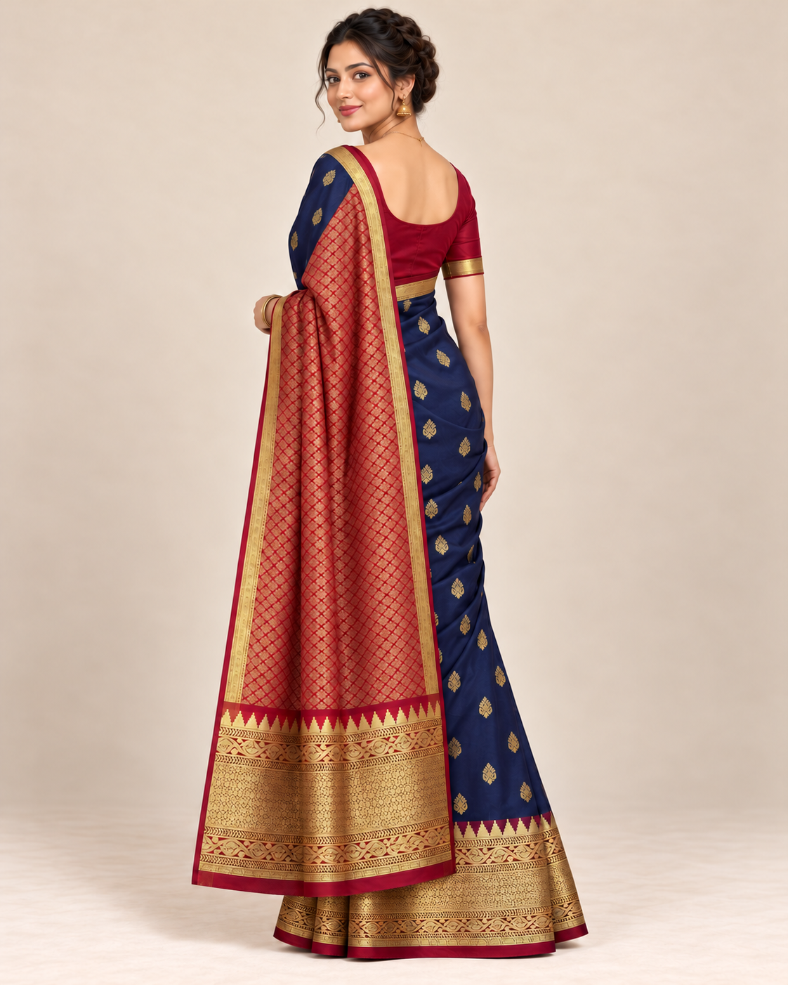Back view — navy blue silk saree