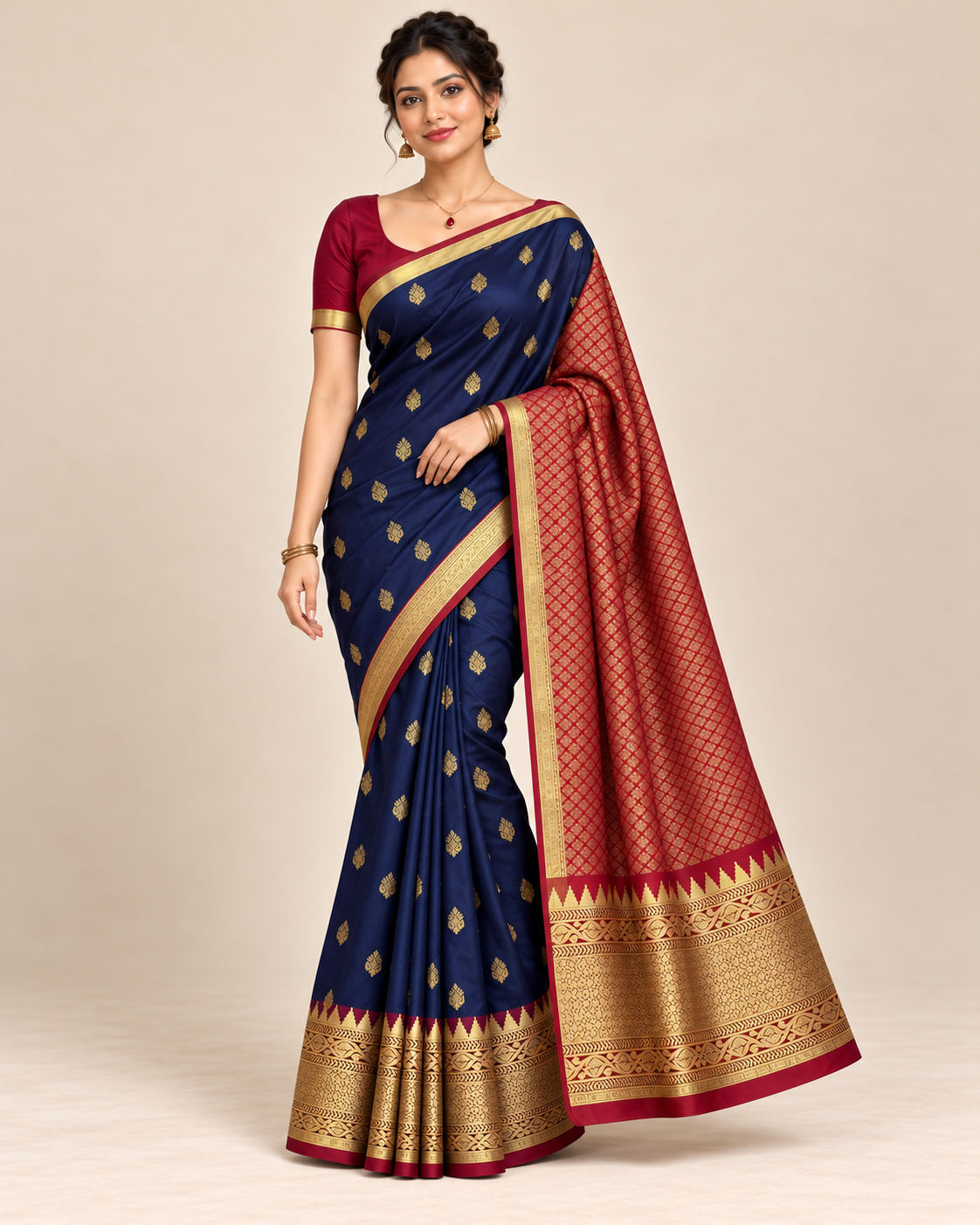 Alternate pose — navy blue silk saree