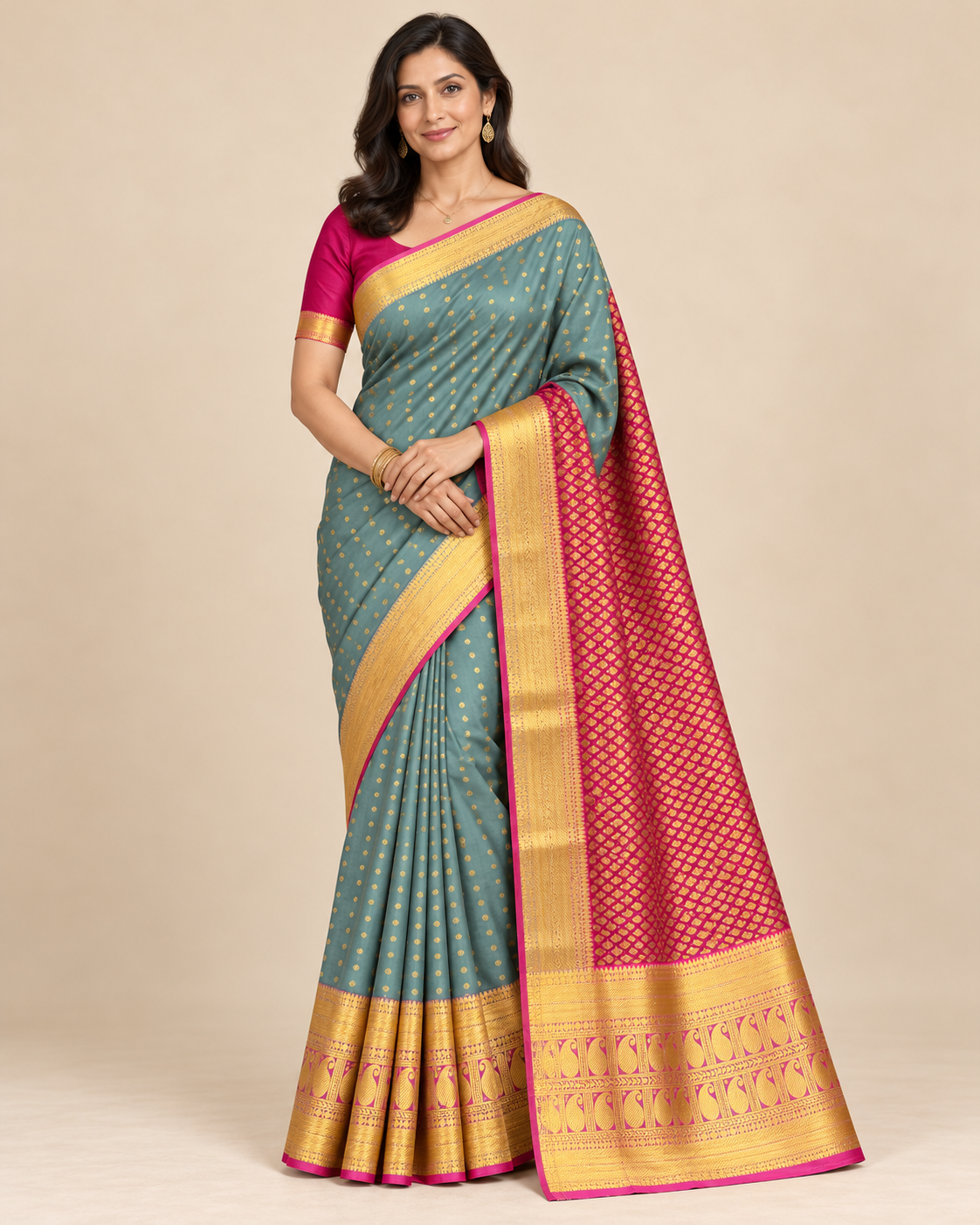 Front view — sage green silk saree