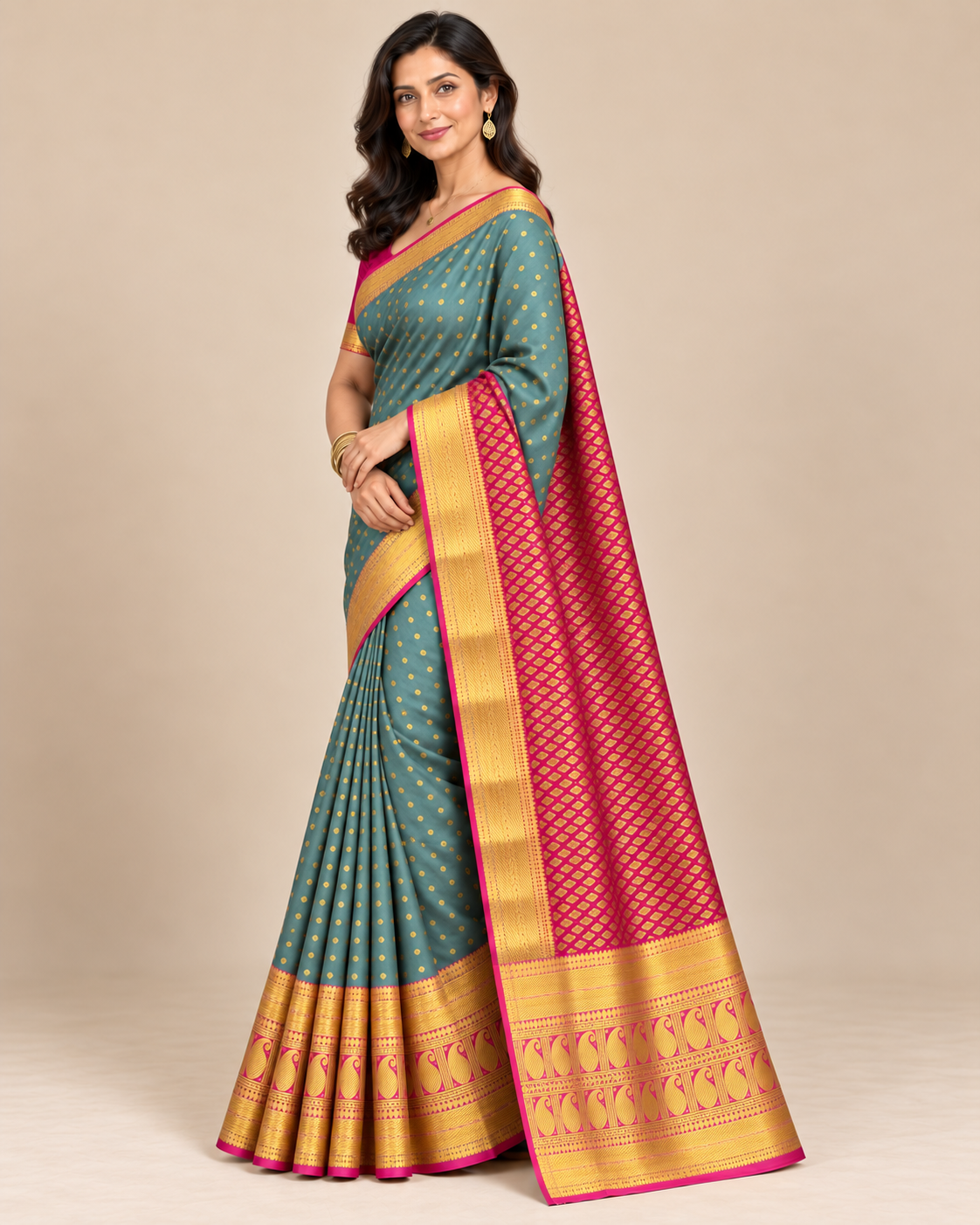 Three-quarter view — sage green silk saree