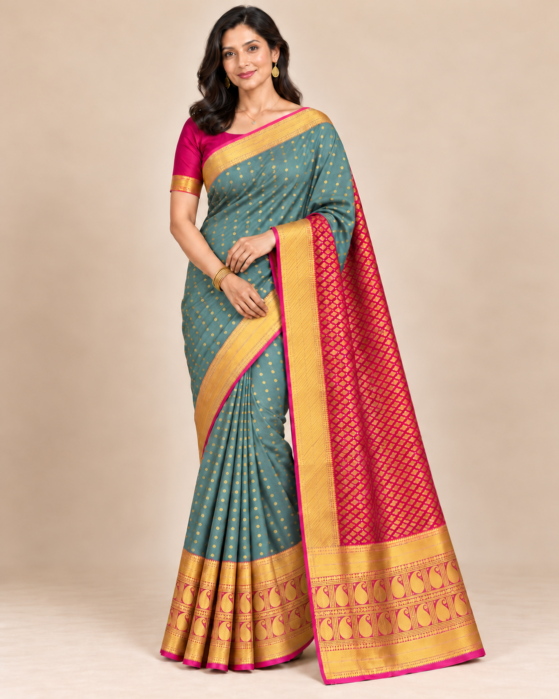 Alternate pose — sage green silk saree