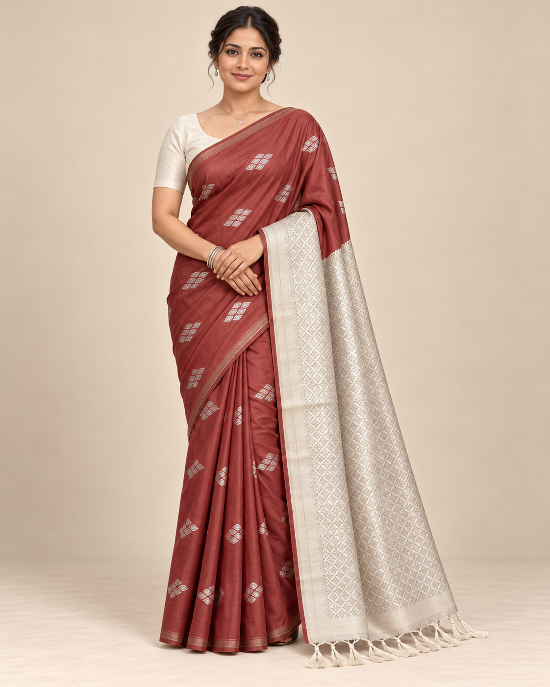 Front view — rust brown silk saree