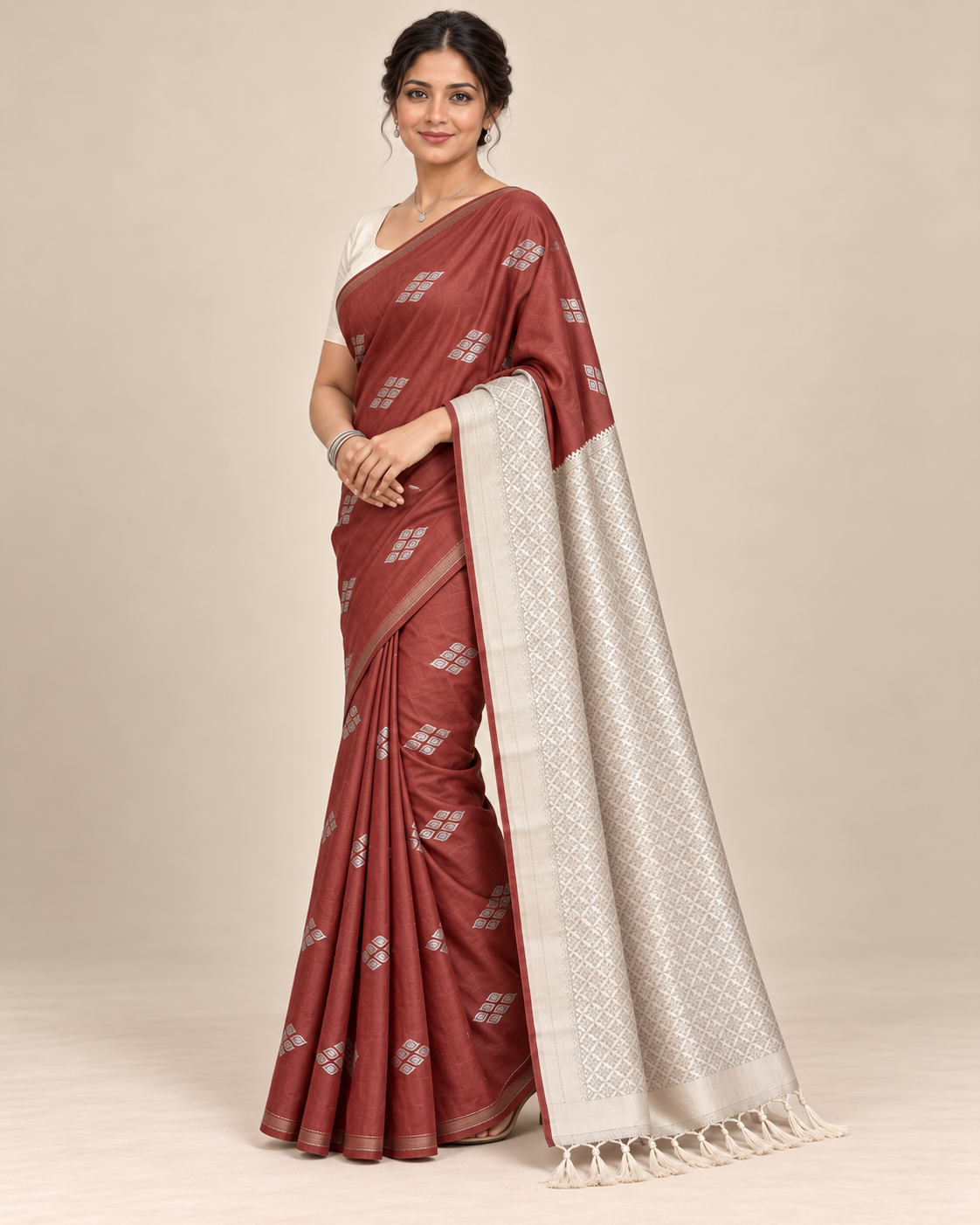 Three-quarter view — rust brown silk saree
