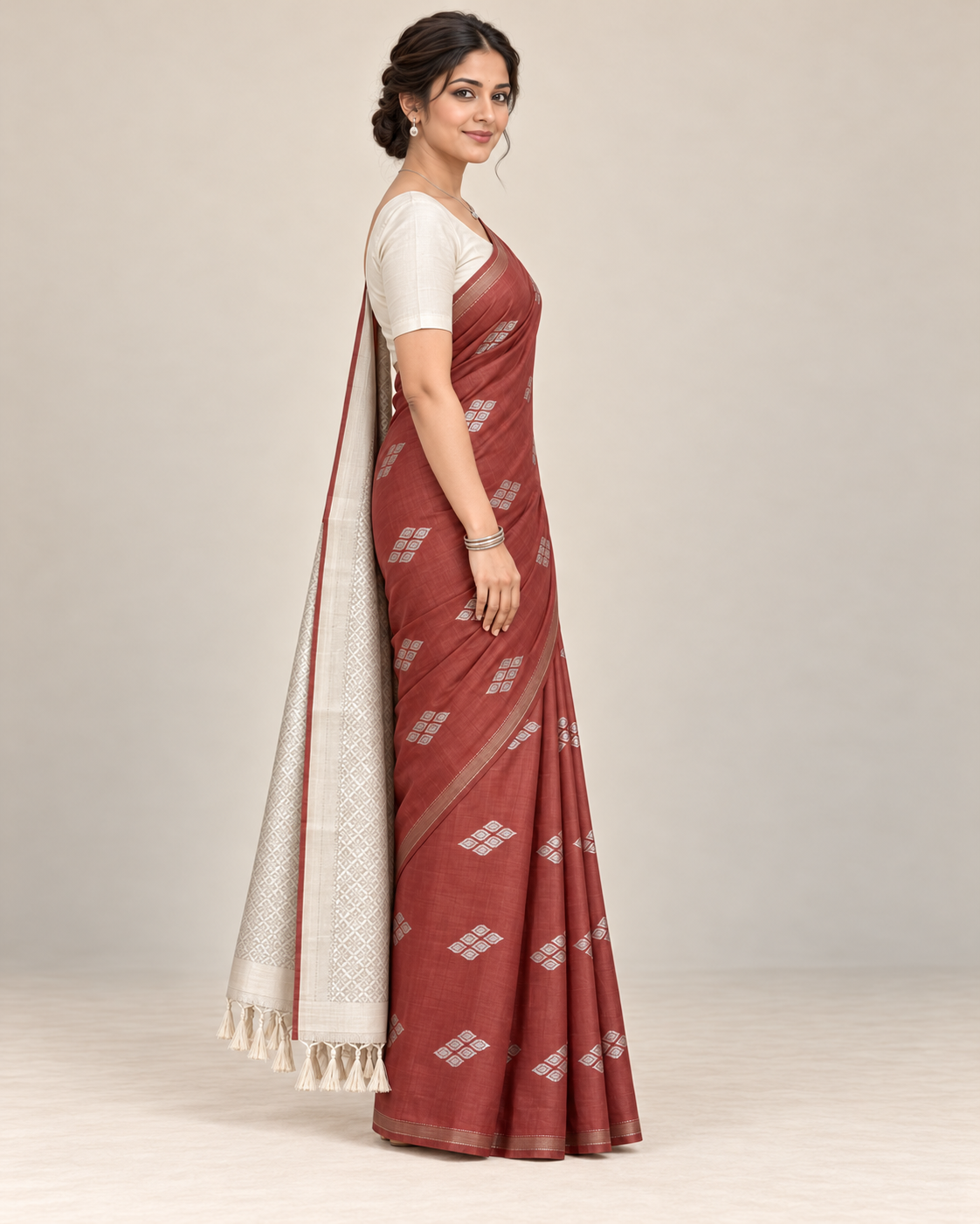 Side view — rust brown silk saree