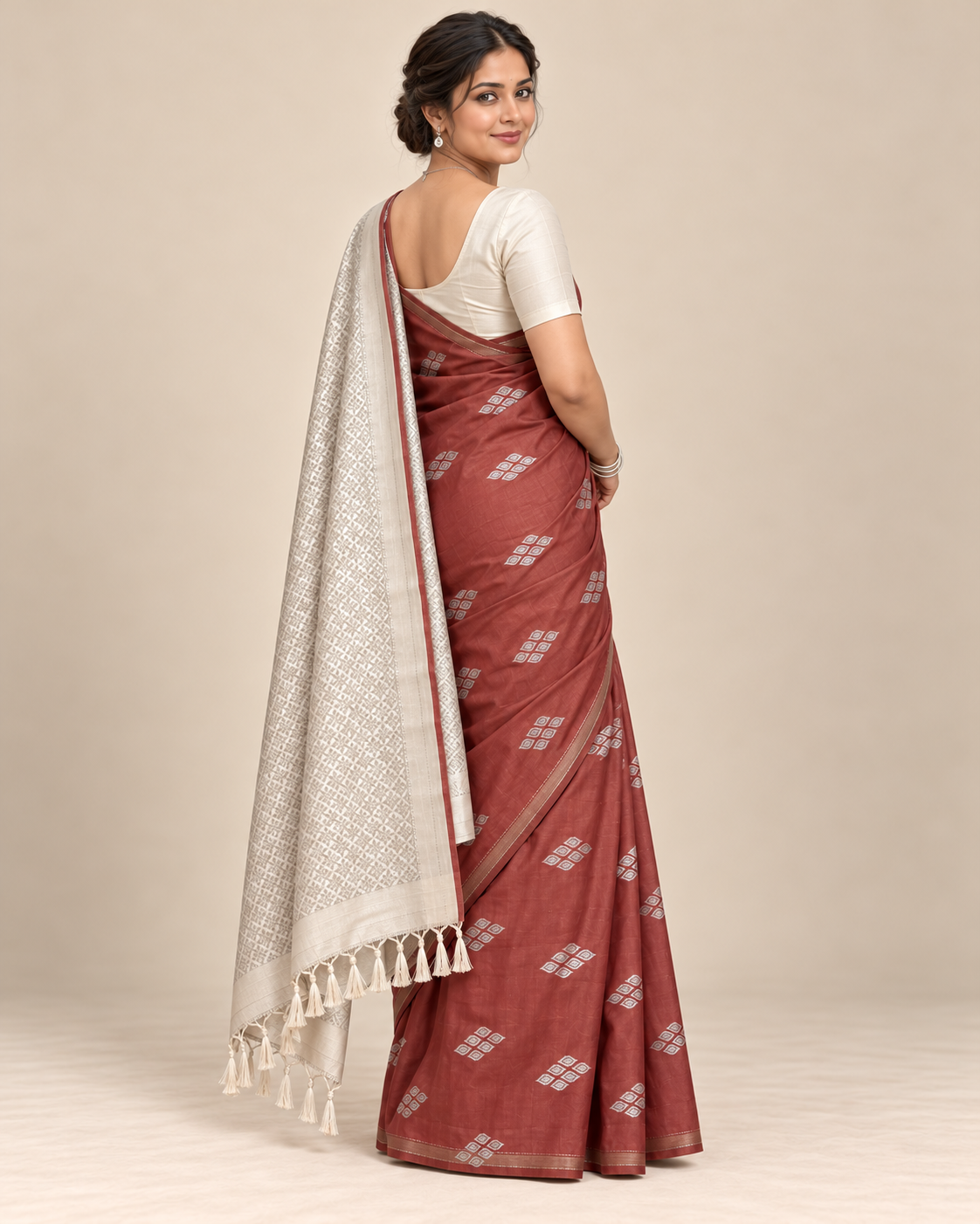 Back view — rust brown silk saree