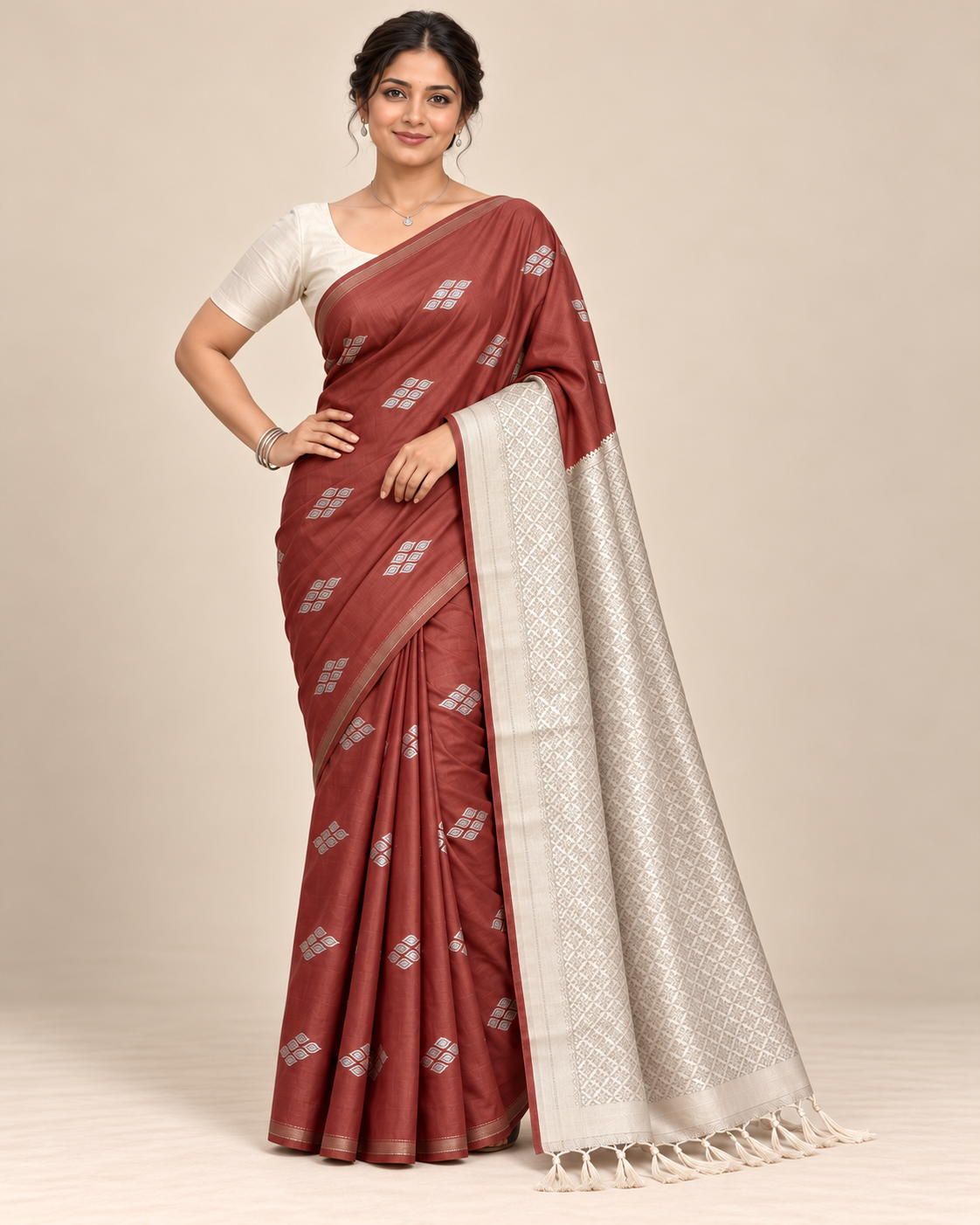 Alternate pose — rust brown silk saree