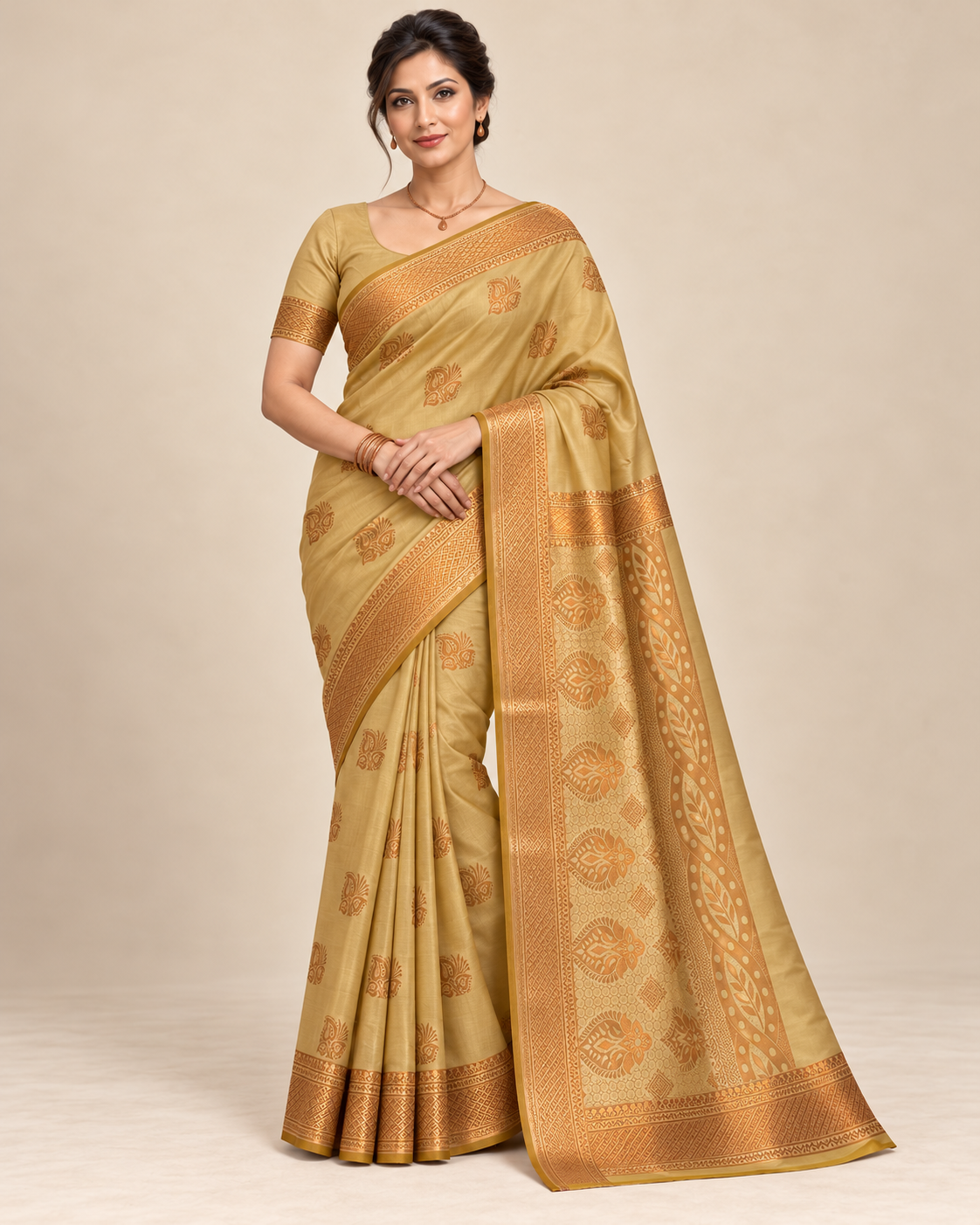 Front view — muted gold silk saree