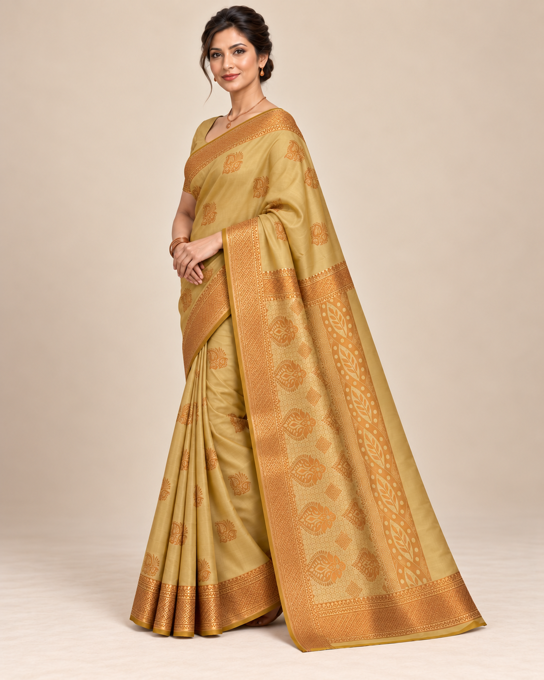 Three-quarter view — muted gold silk saree