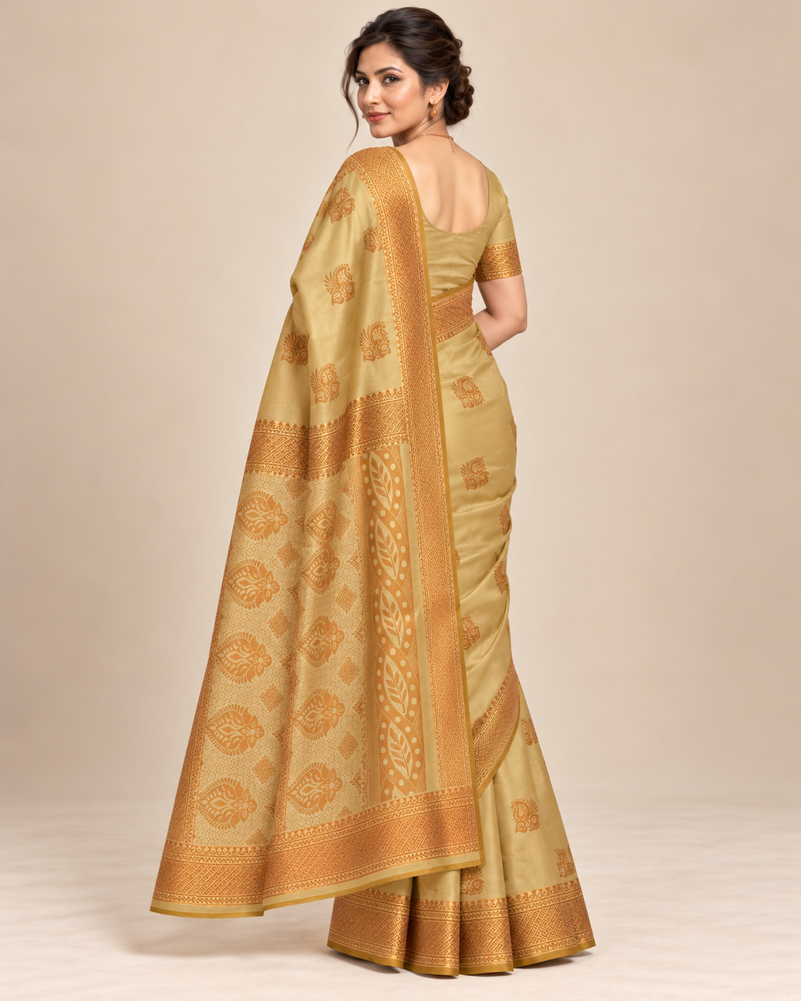 Back view — muted gold silk saree