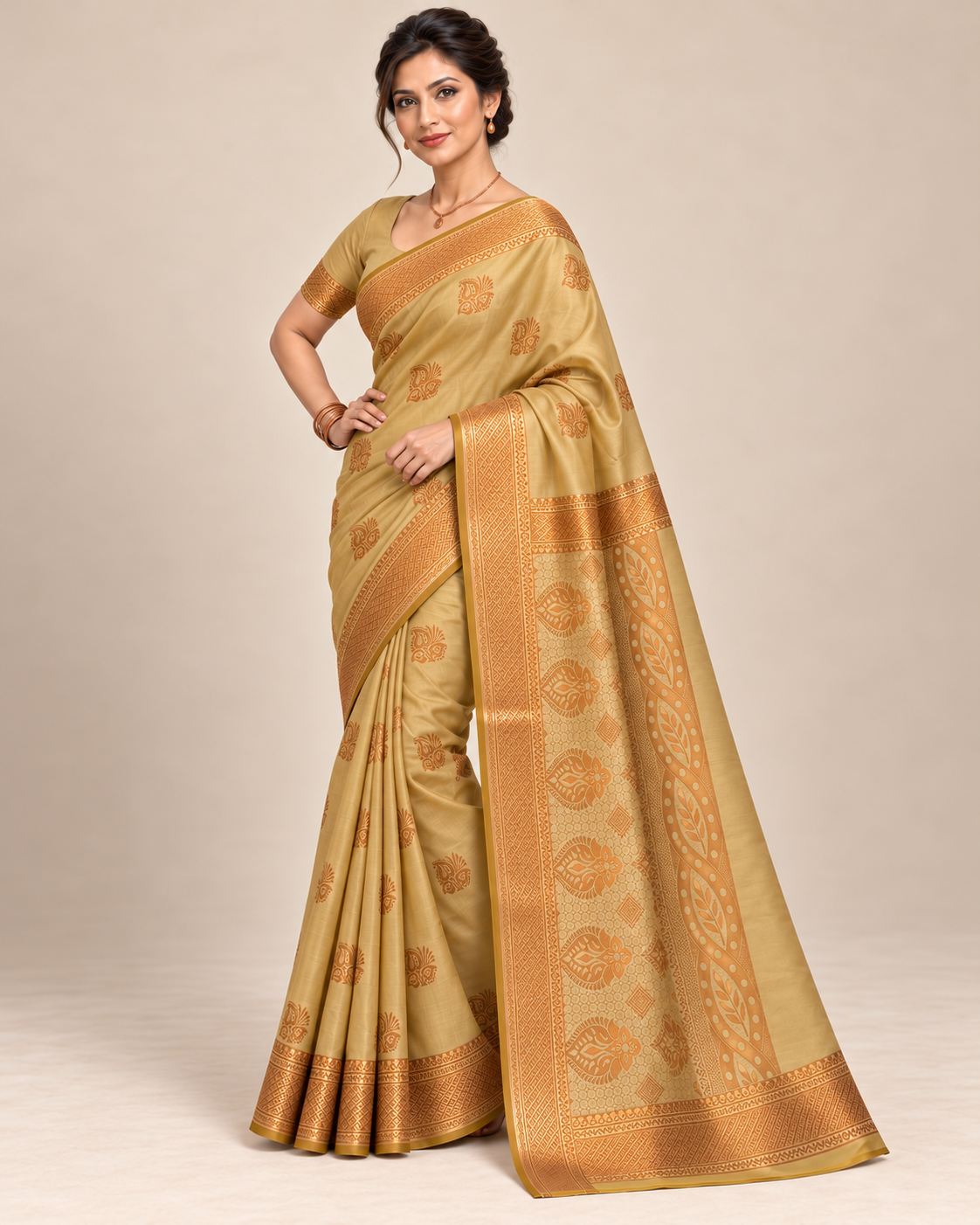 Alternate pose — muted gold silk saree