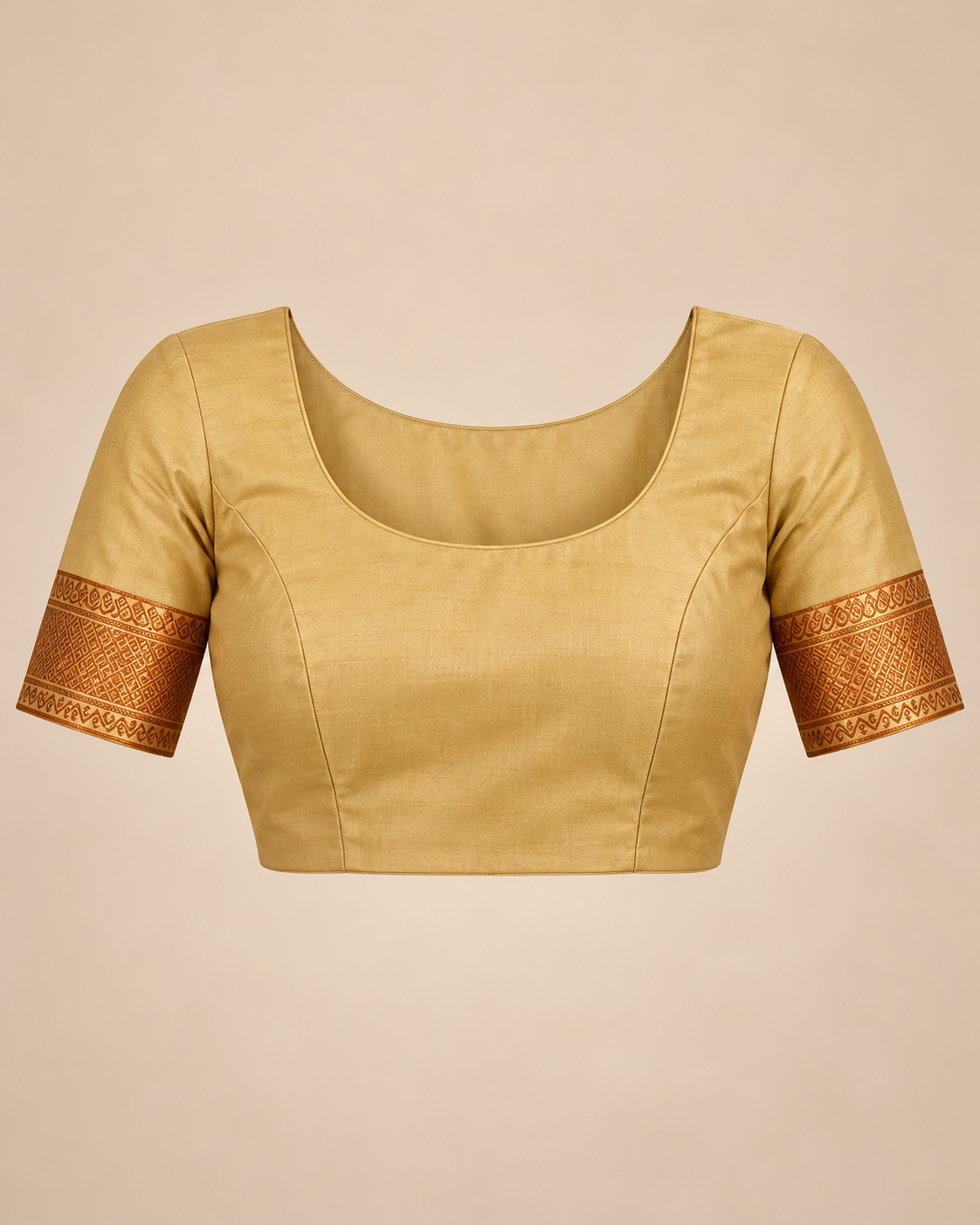 Stitched blouse styling example; unstitched fabric supplied — muted gold silk saree