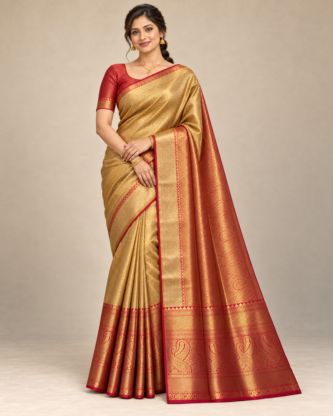 Front view — gold silk saree