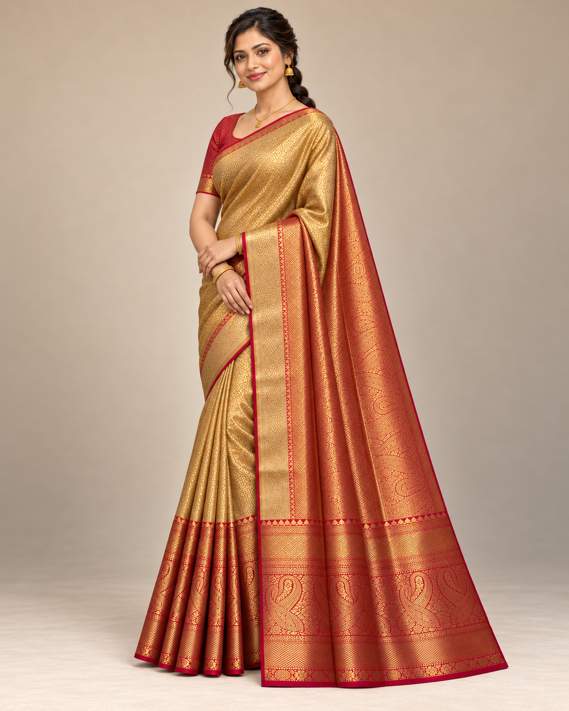 Three-quarter view — gold silk saree